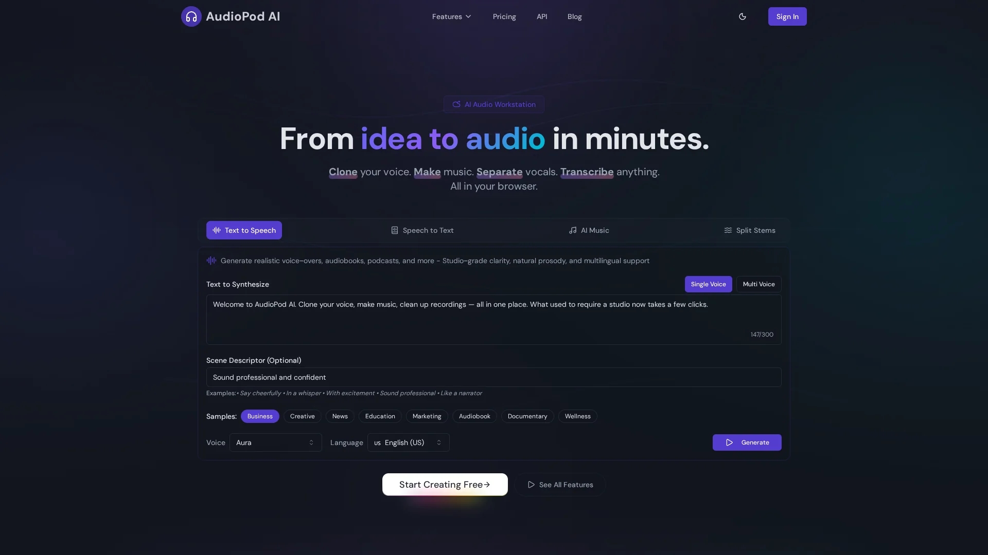 audiopod-ai homepage