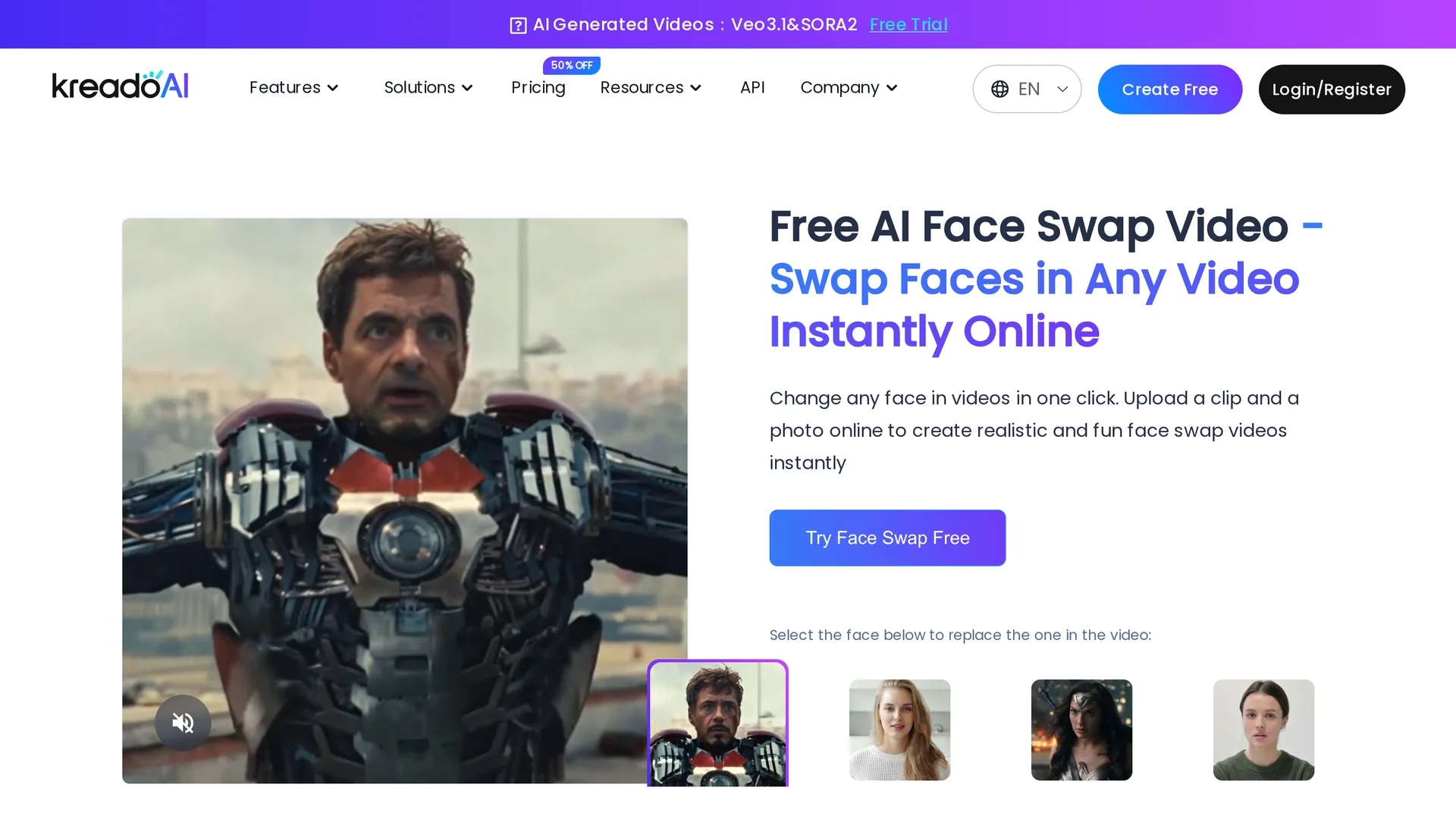 kreadoai-video-face-swap homepage
