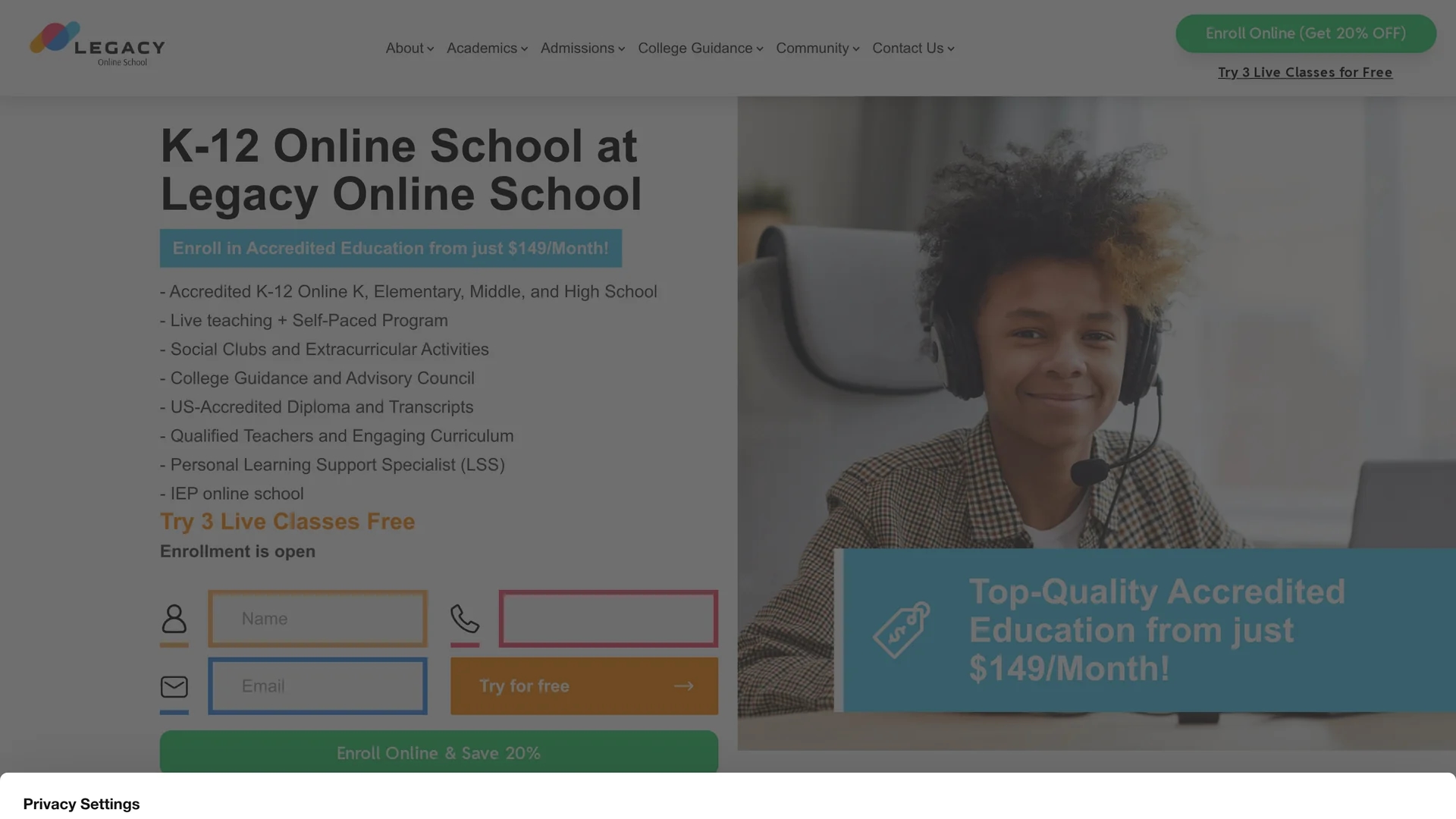 legacy-online-school homepage