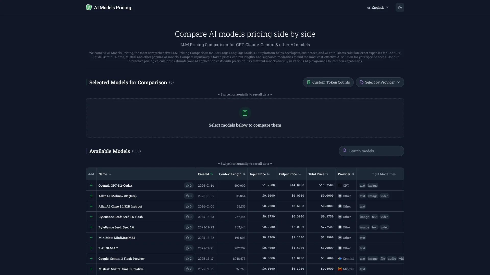 llm-pricing homepage