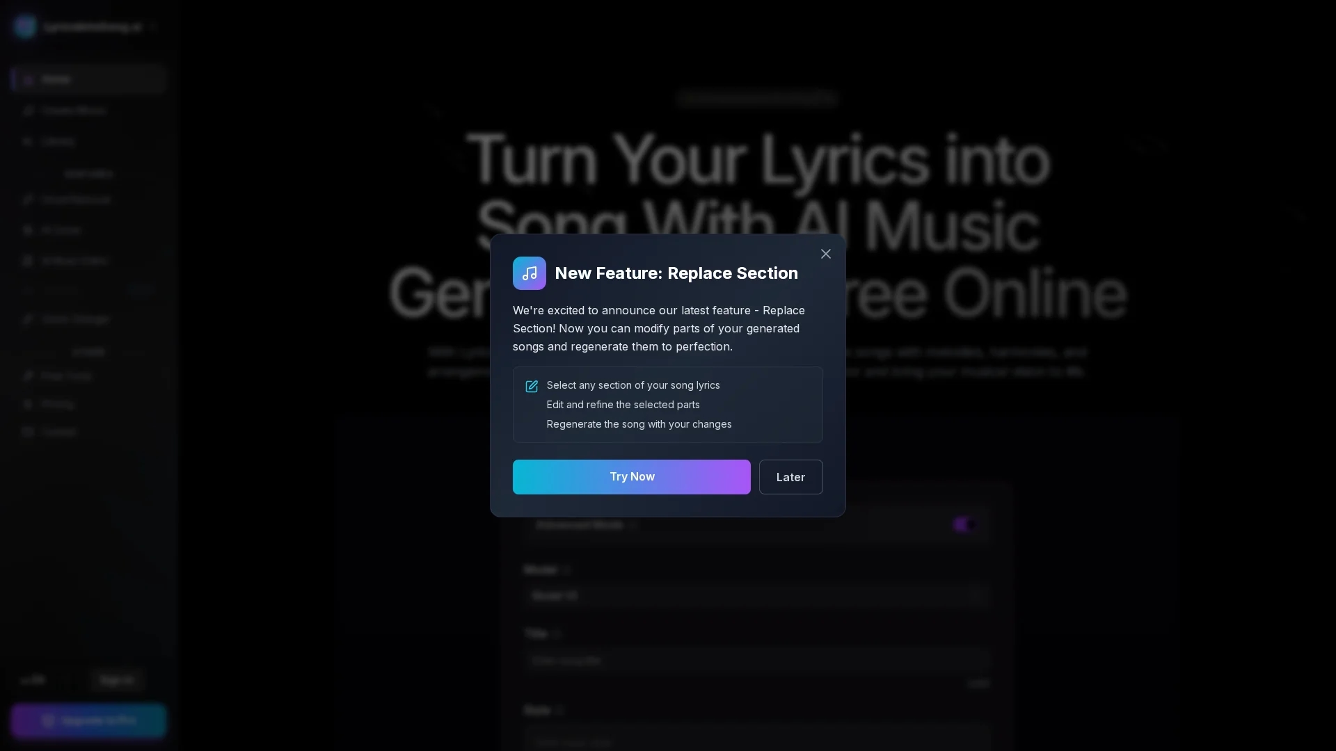 lyrics-into-song-ai homepage