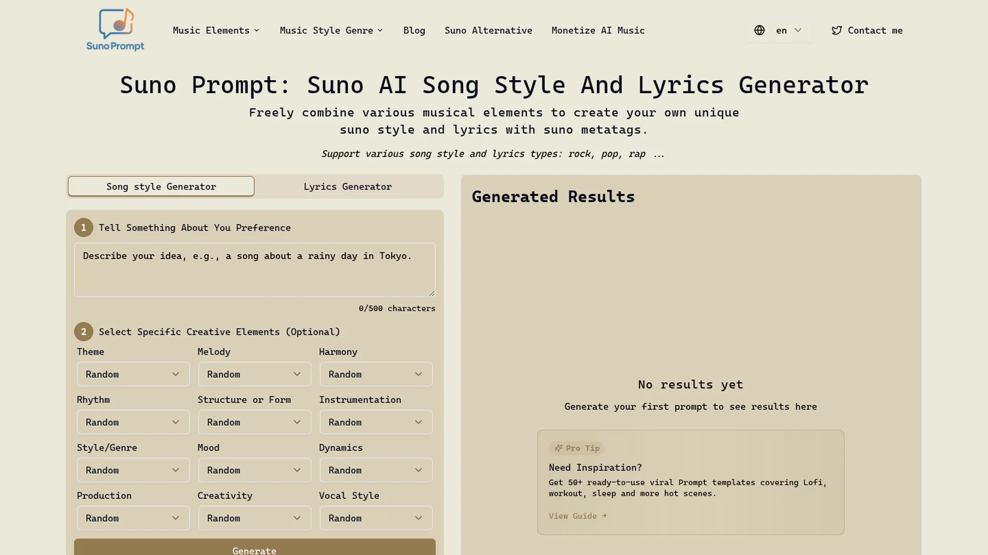 music-prompt-generator homepage