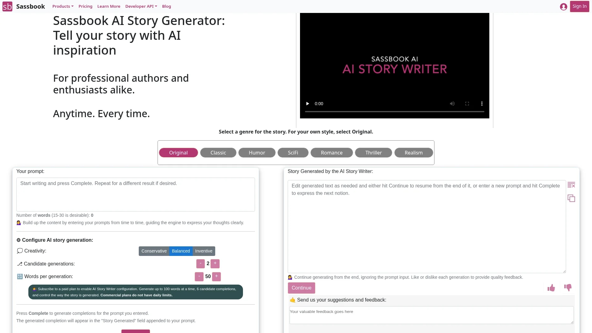 sassbook-ai-story-generator homepage
