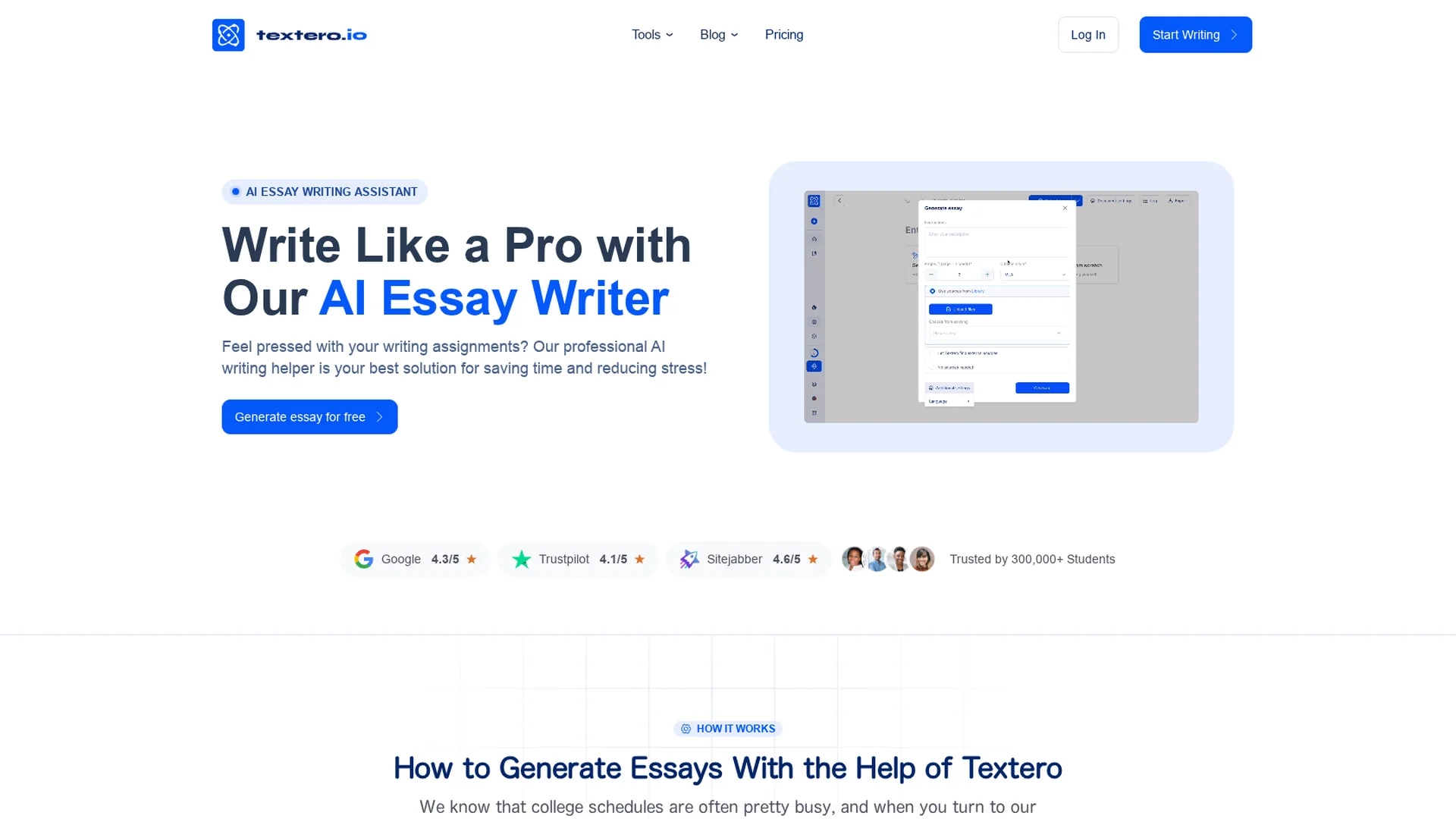 textero-ai-essay-writer homepage