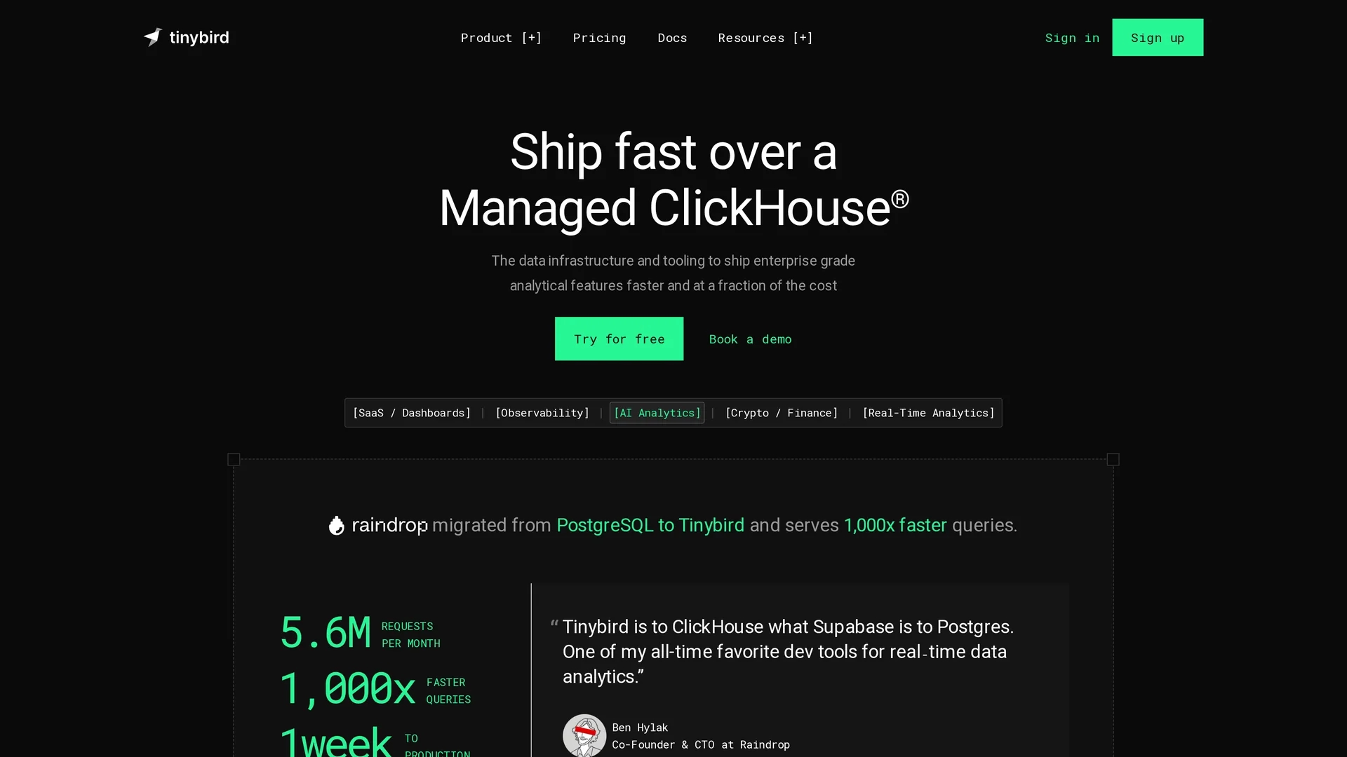 tinybird homepage