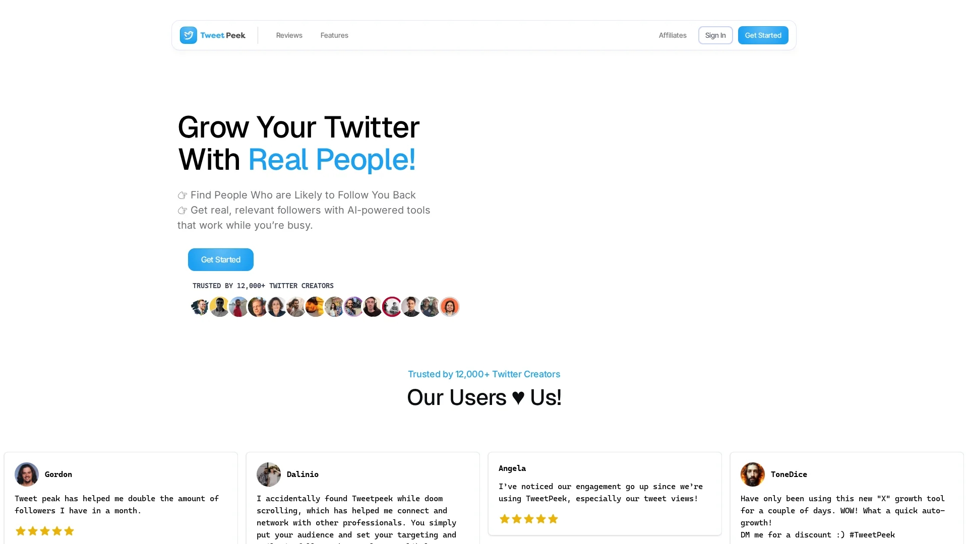 tweetpeek homepage