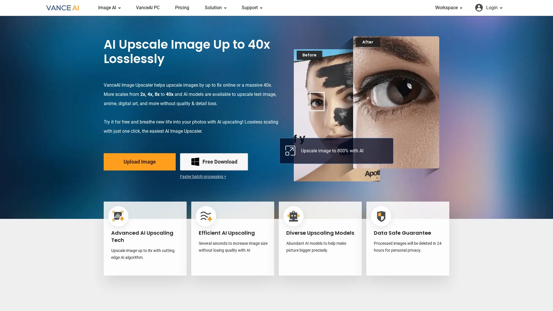 vanceai-image-upscaler homepage