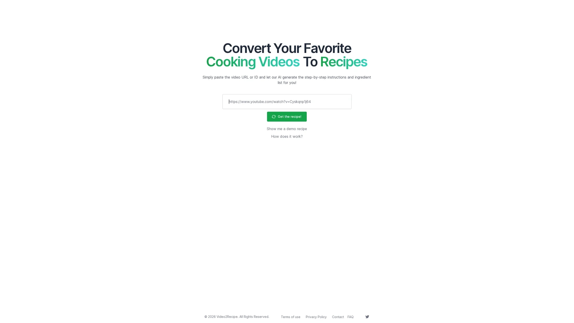 video2recipe homepage