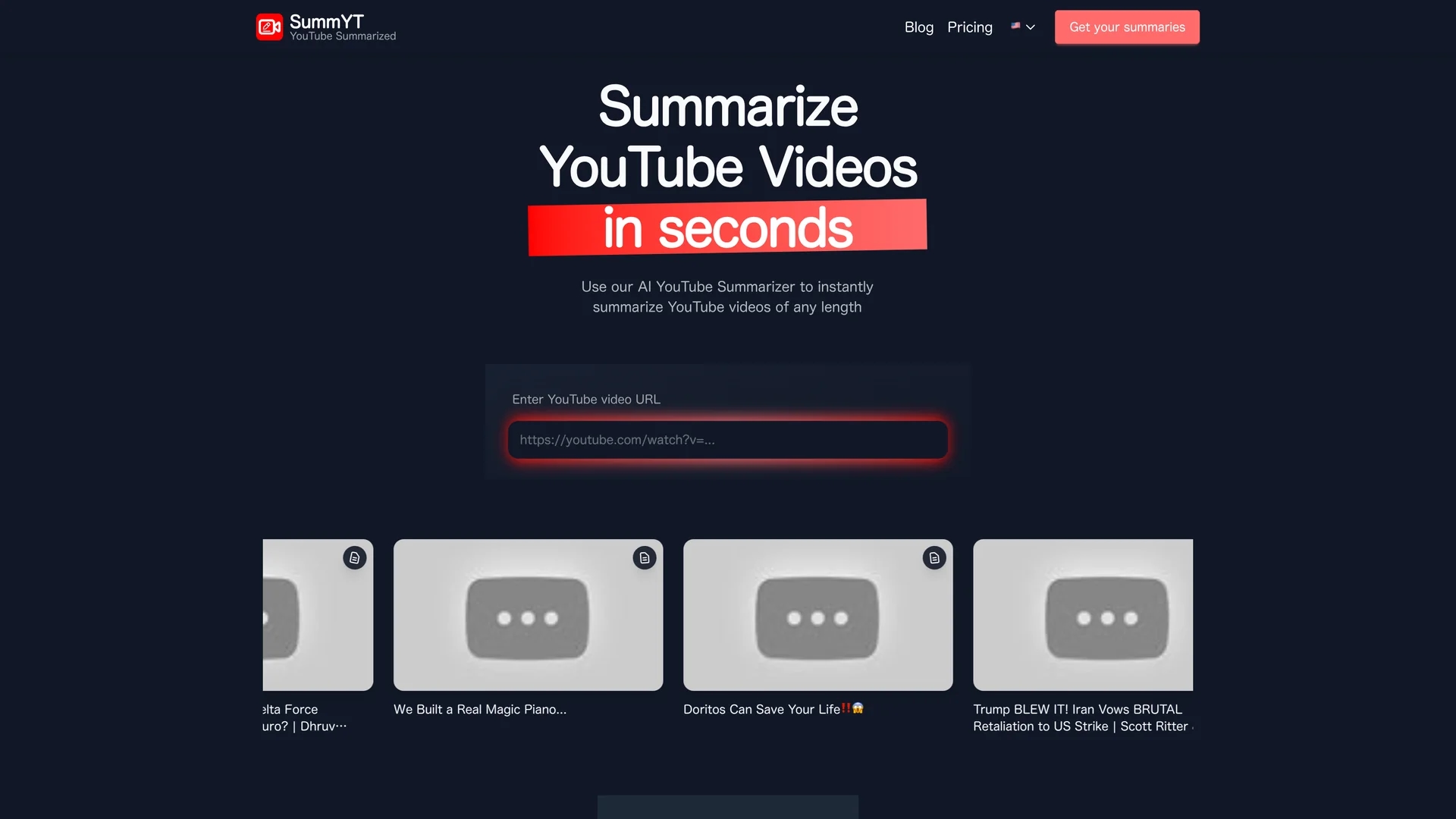 youtube-summarized homepage