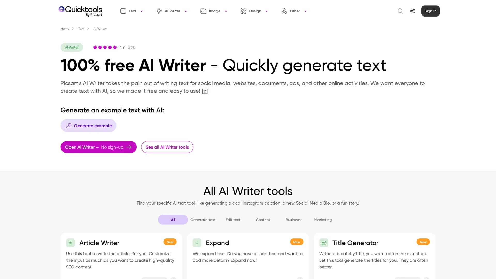ai-writer-by-picsart homepage