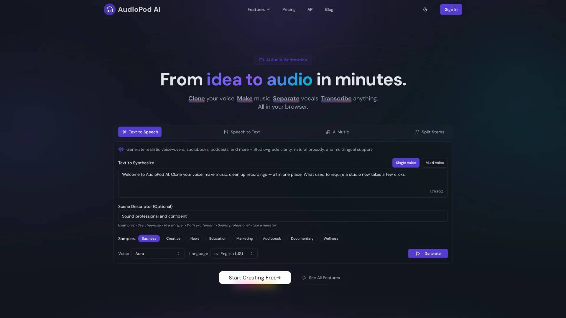 audiopod-ai homepage