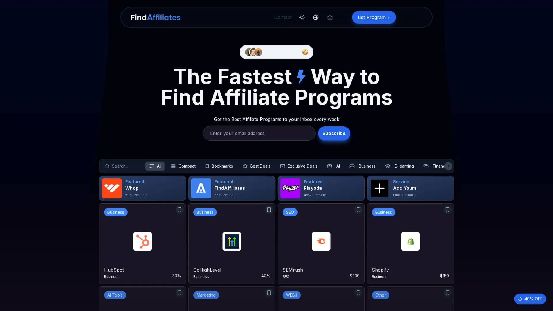 find-affiliates homepage