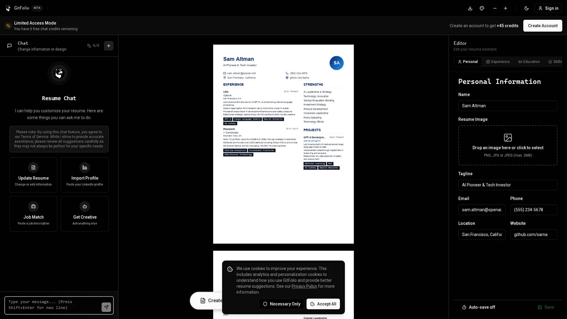 gitfolio homepage