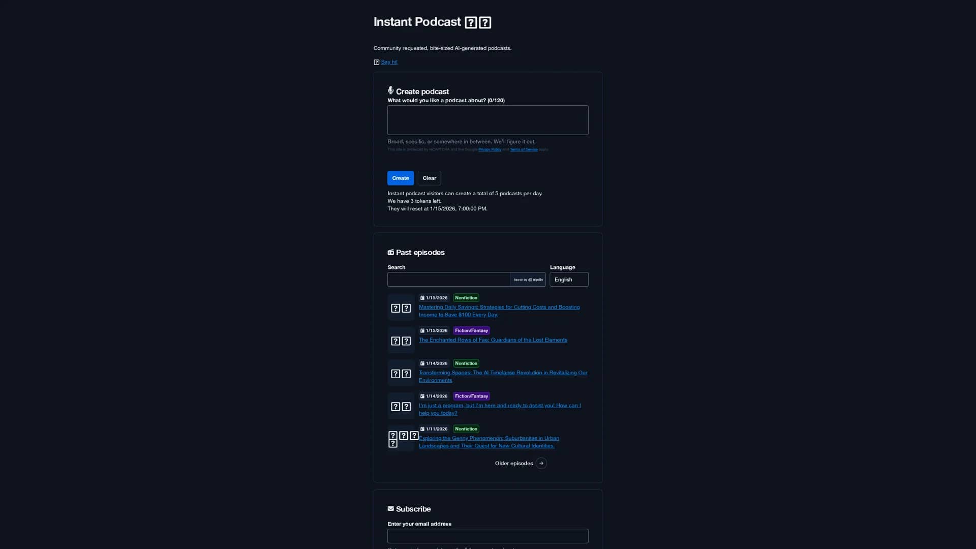 instant-podcast homepage