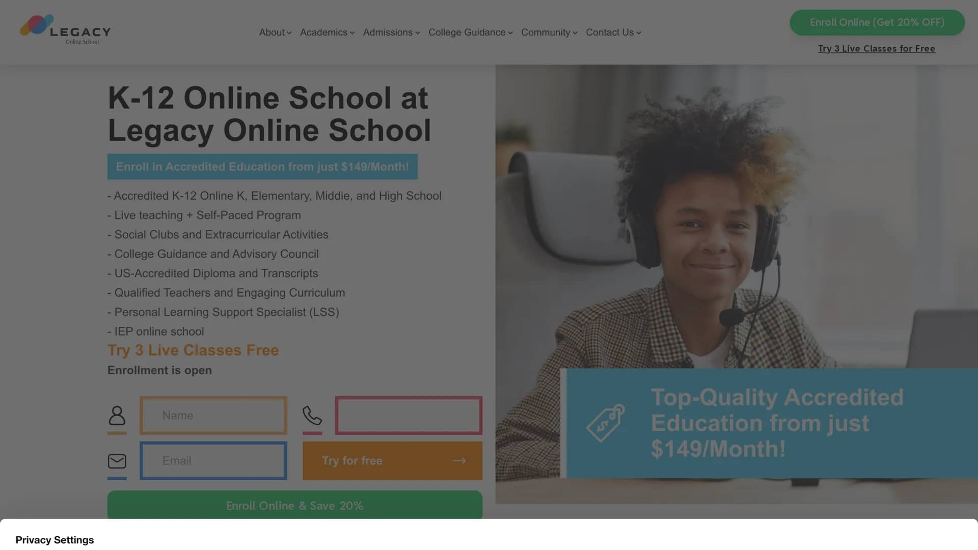 legacy-online-school homepage