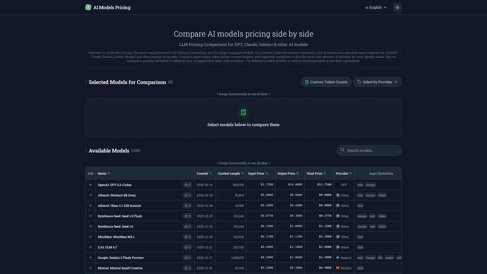 llm-pricing homepage