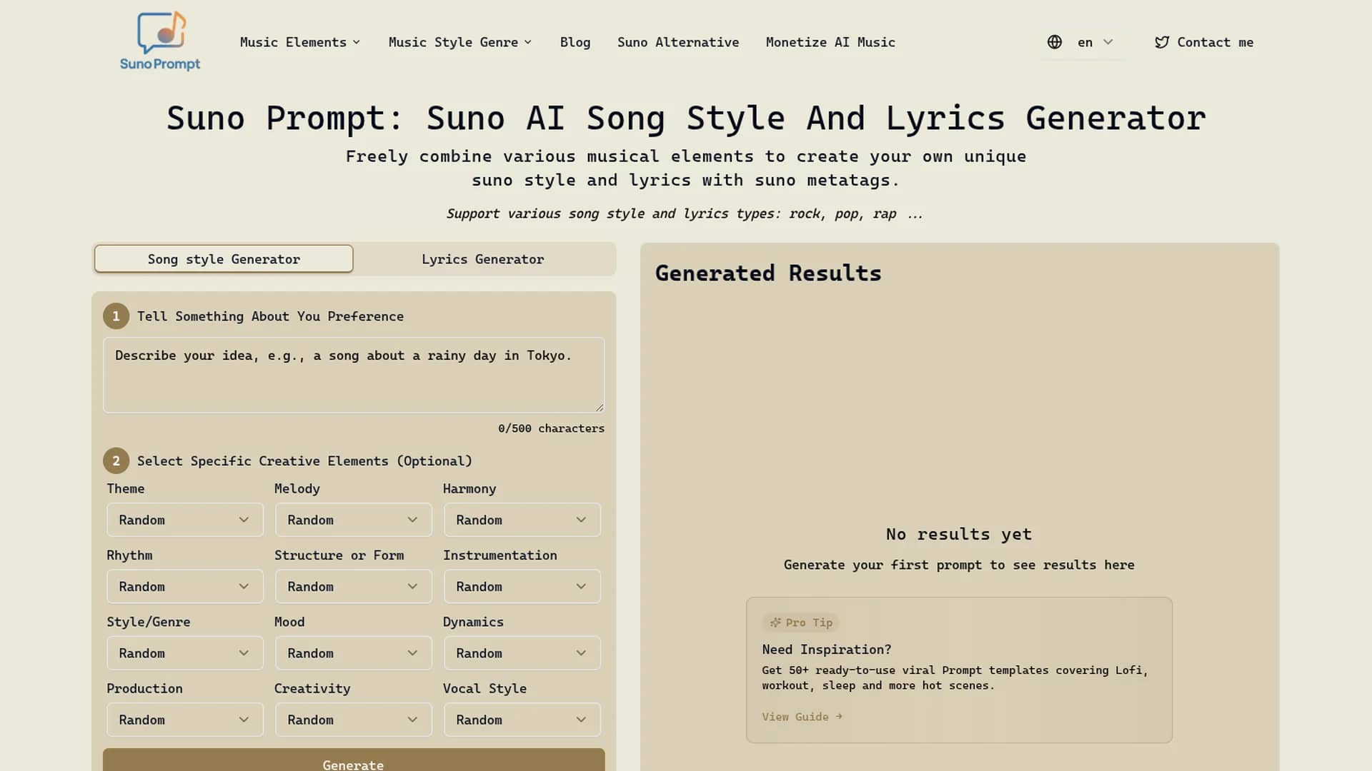 music-prompt-generator homepage