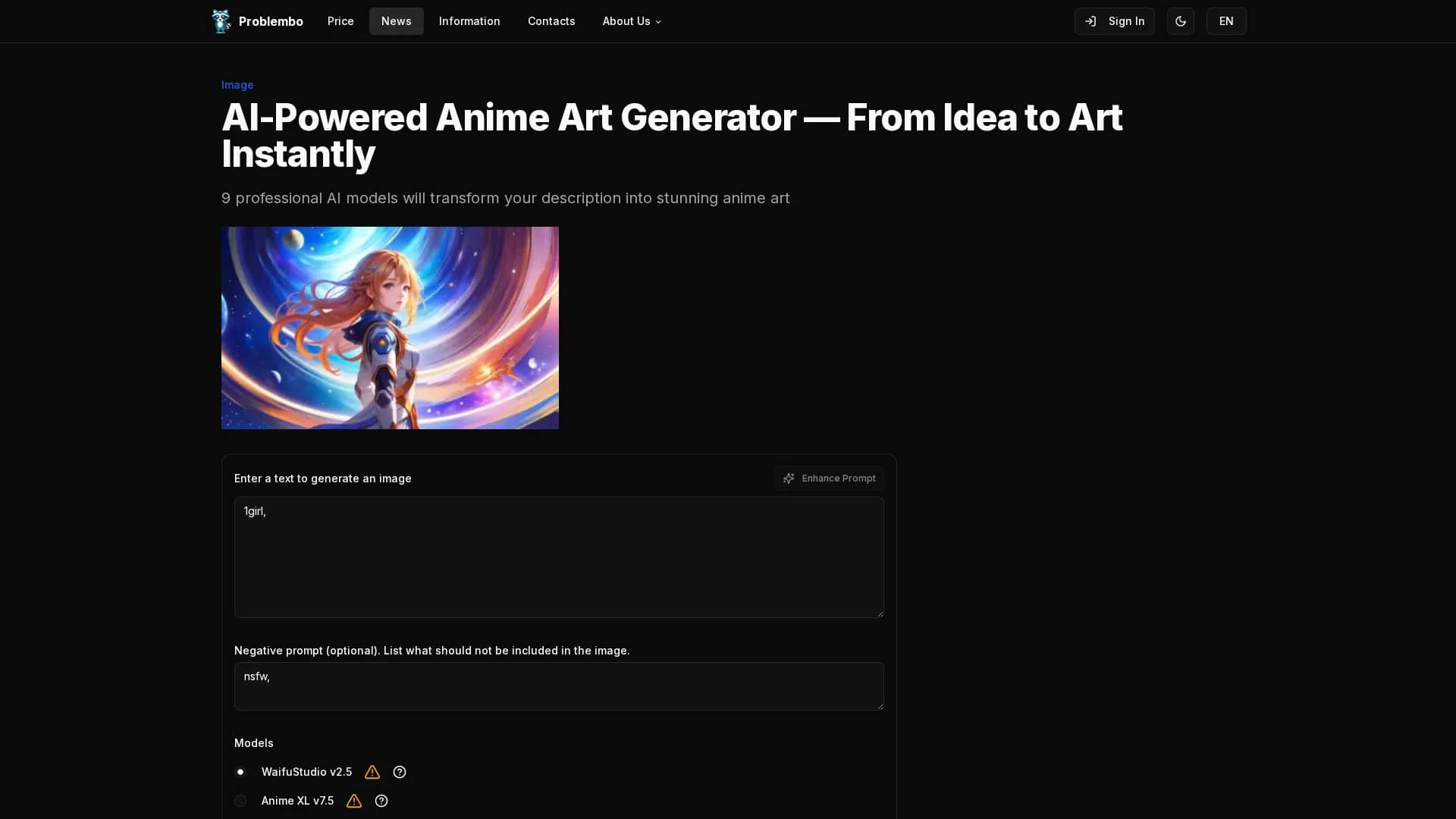 problembo-anime-generator homepage