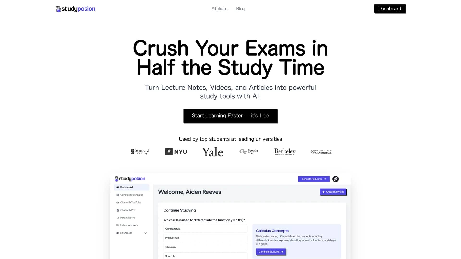 study-potion-ai homepage