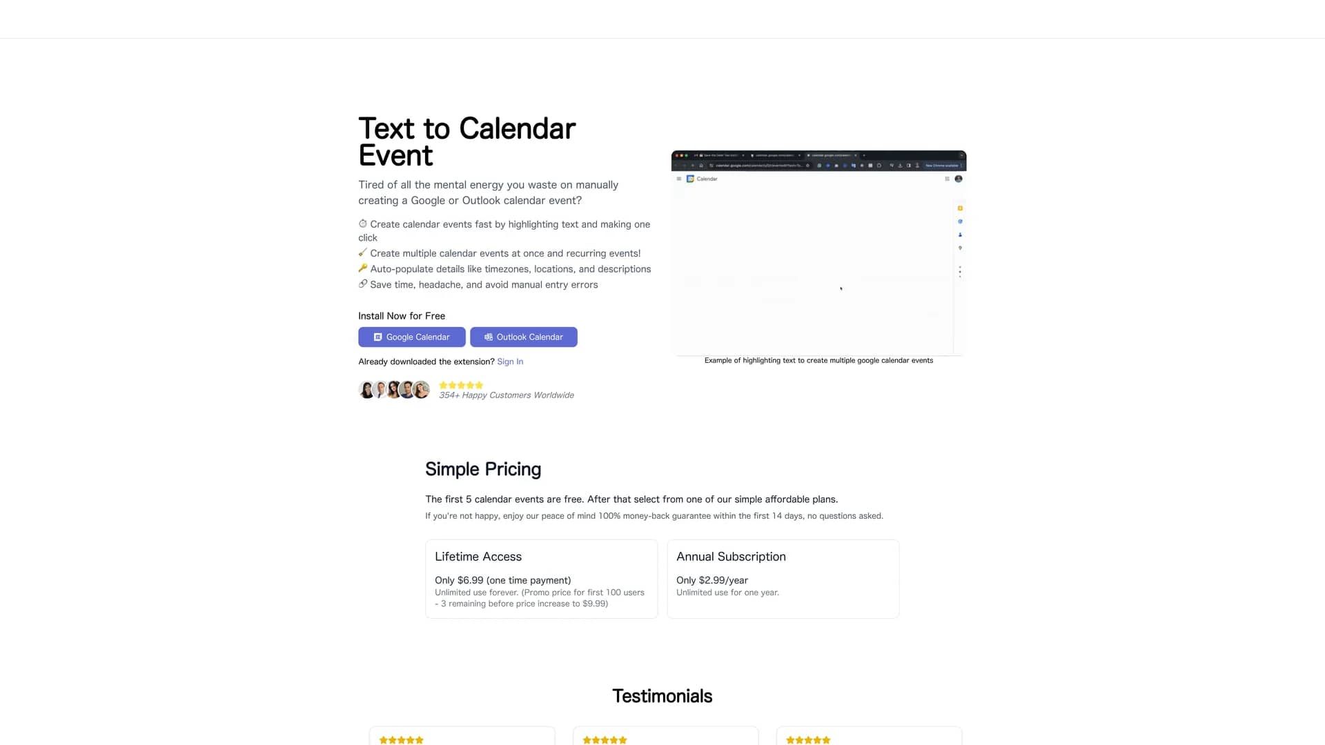 text-to-calendar homepage