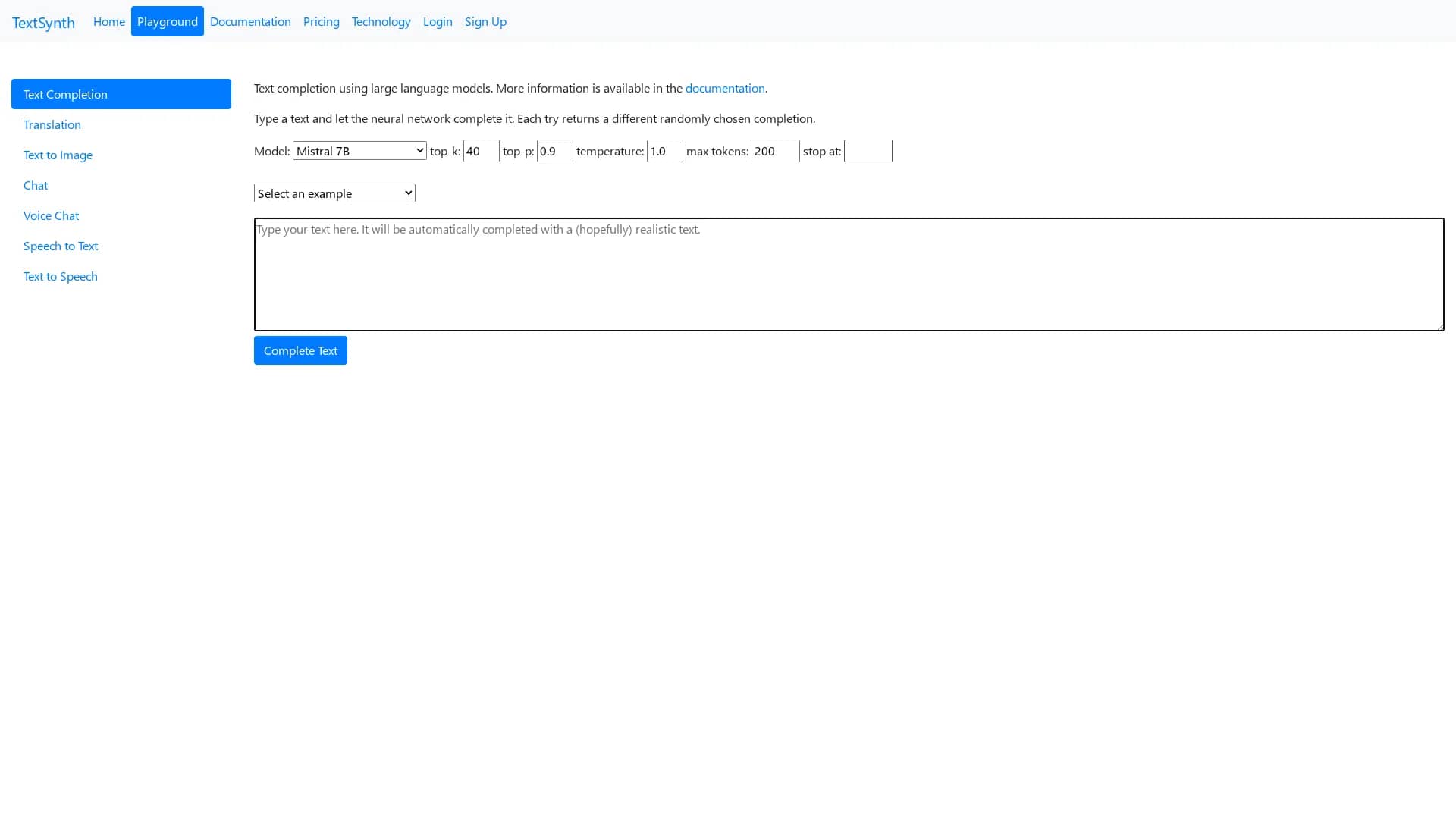 textsynth homepage