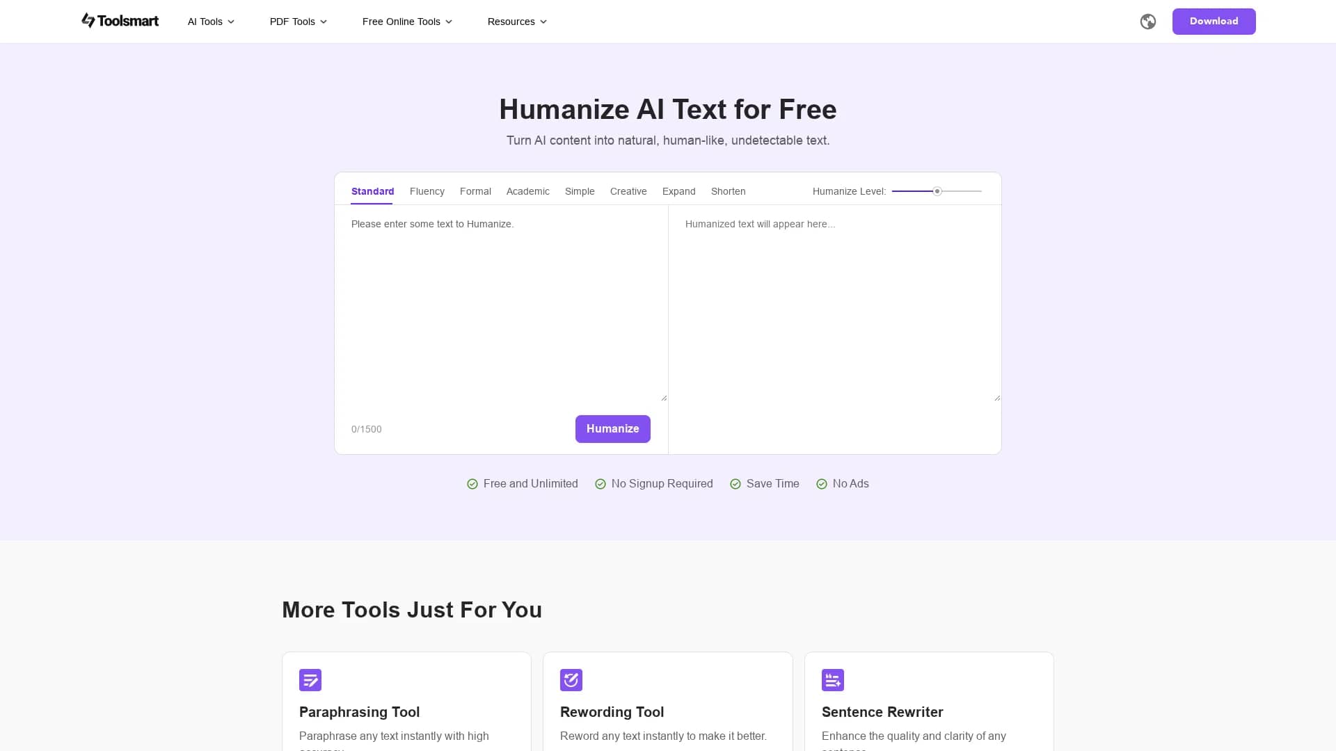toolsmart-free-humanize-ai homepage