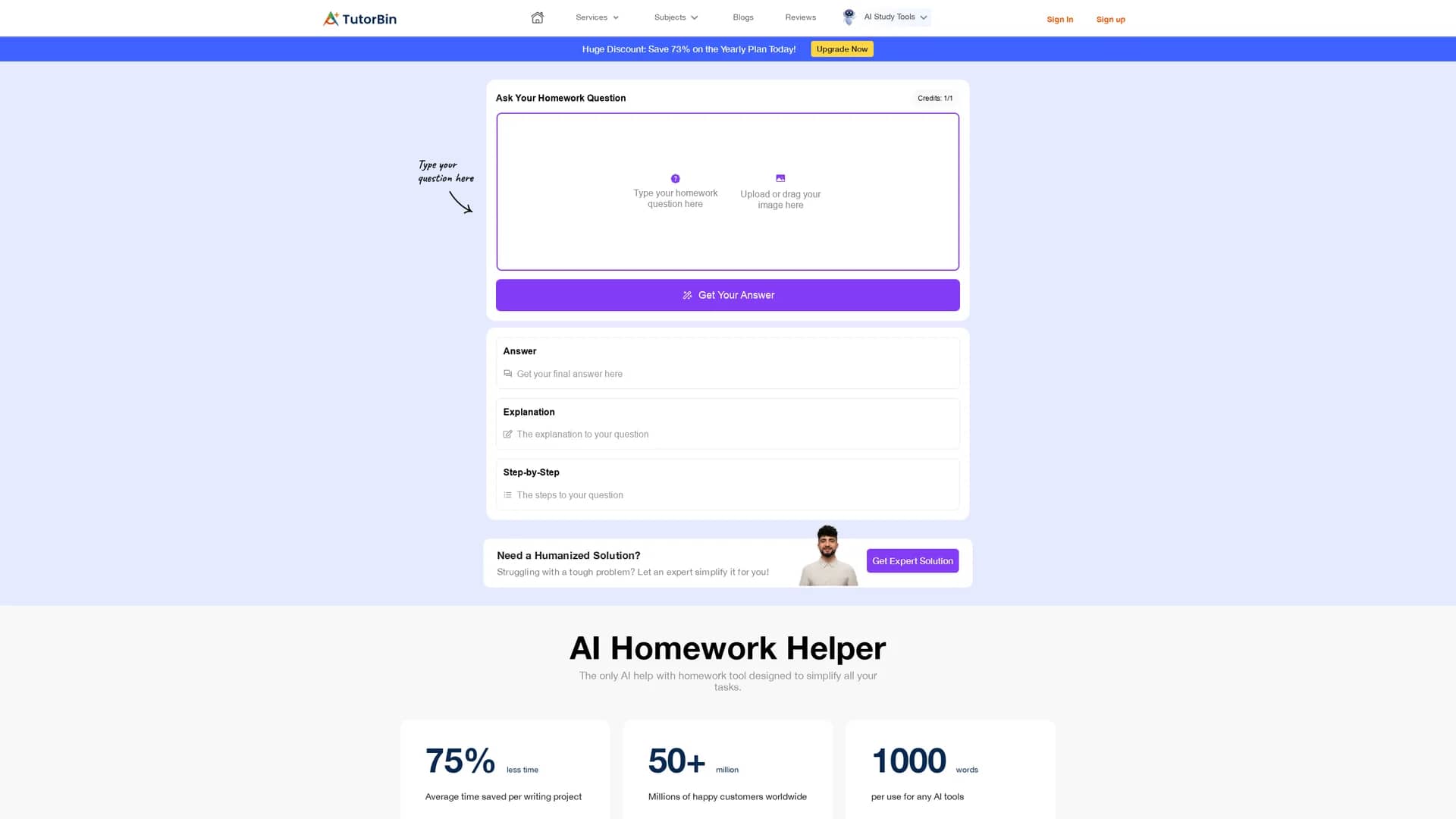 tutorbin-homework-helper homepage