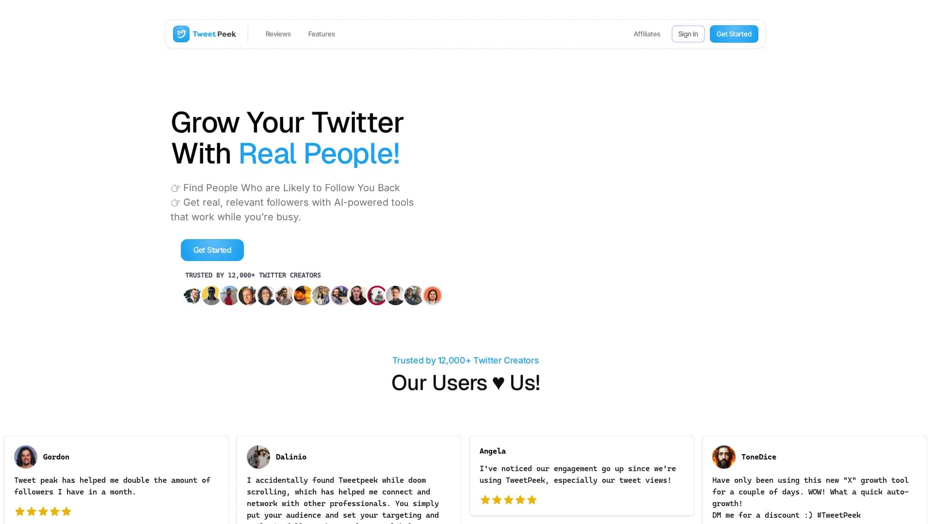 tweetpeek homepage