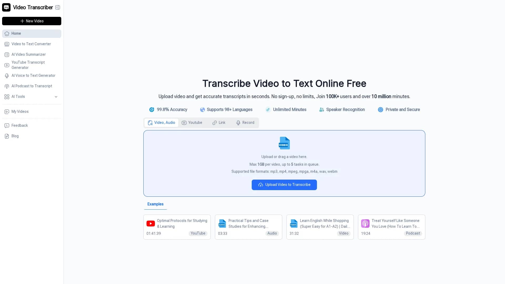video-transcriber-ai homepage