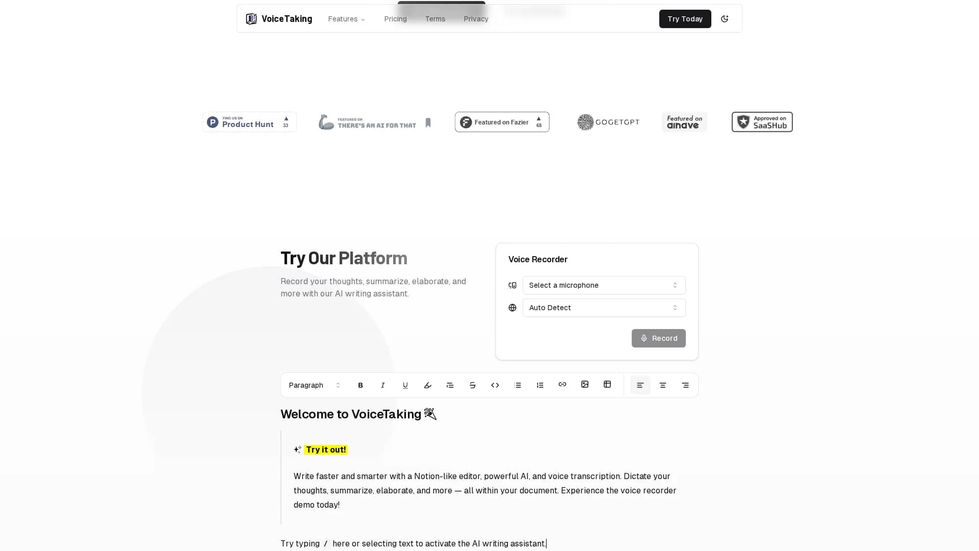 voicetaking homepage