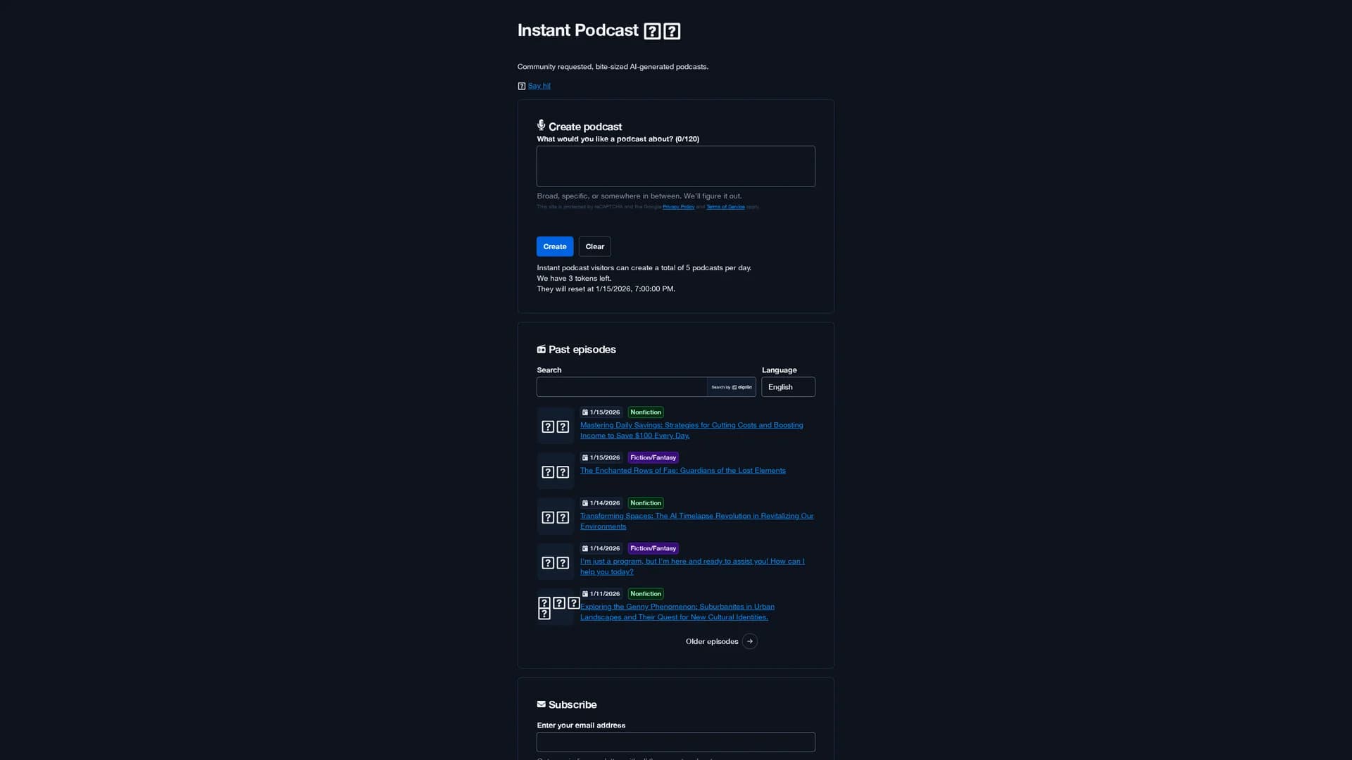 instant-podcast homepage