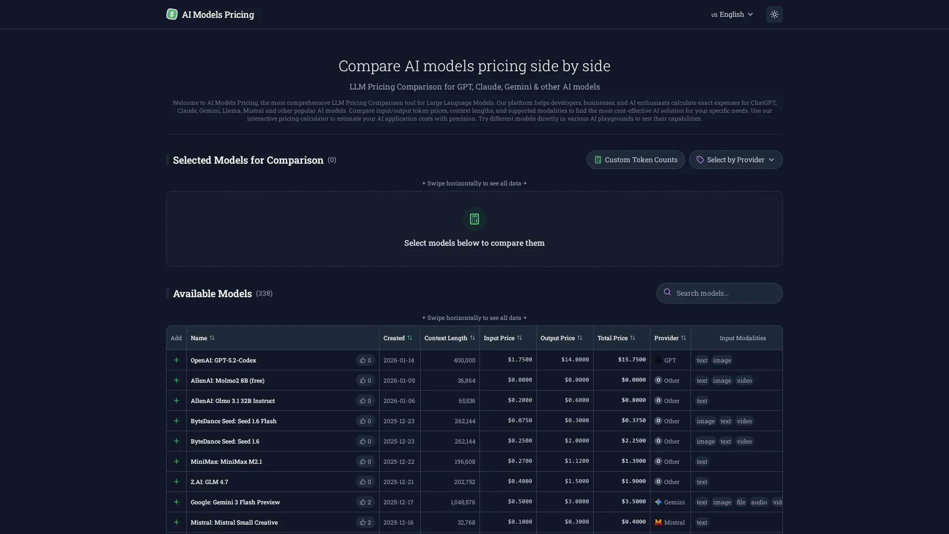 llm-pricing homepage