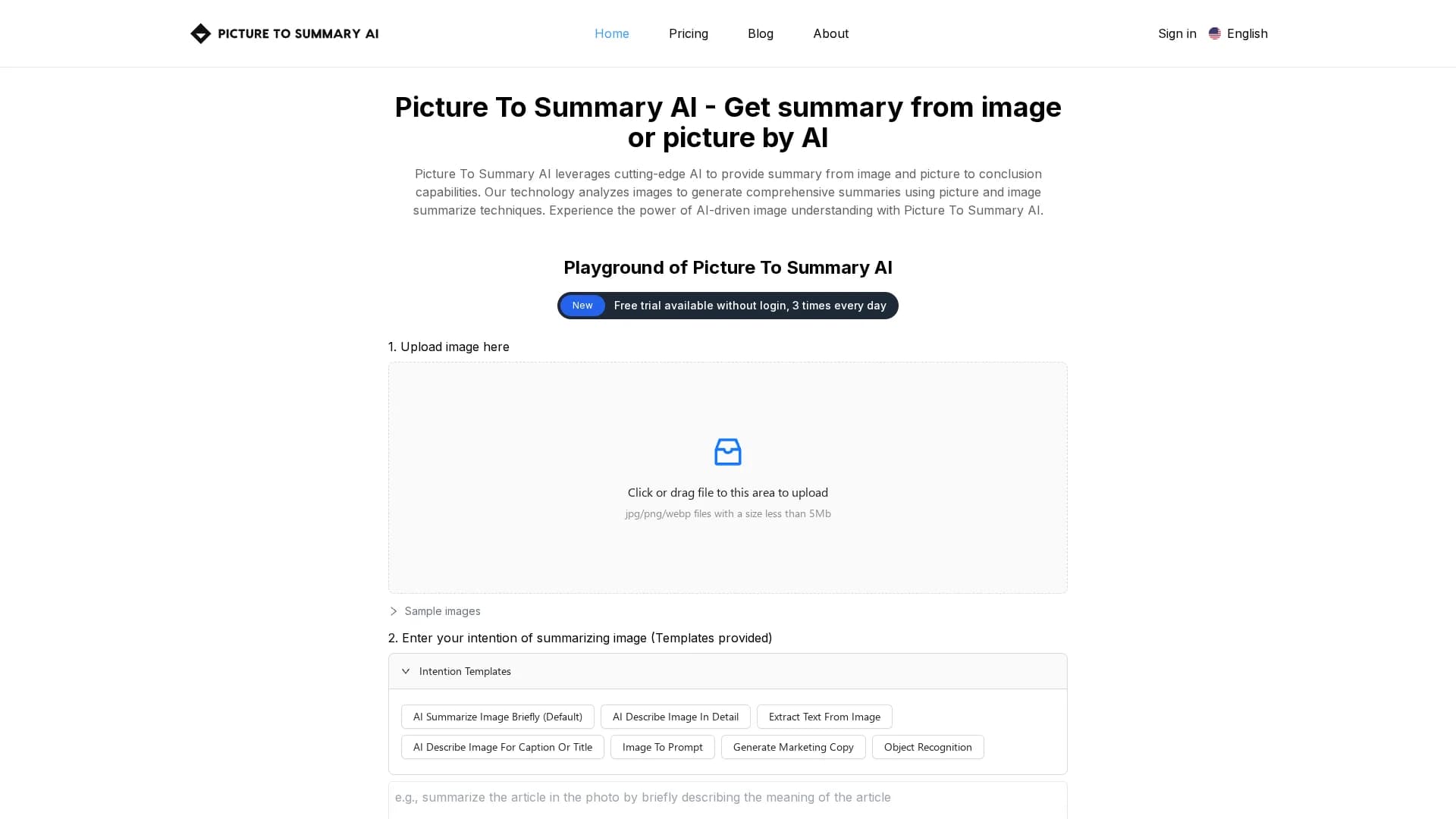 picture-to-summary-ai homepage