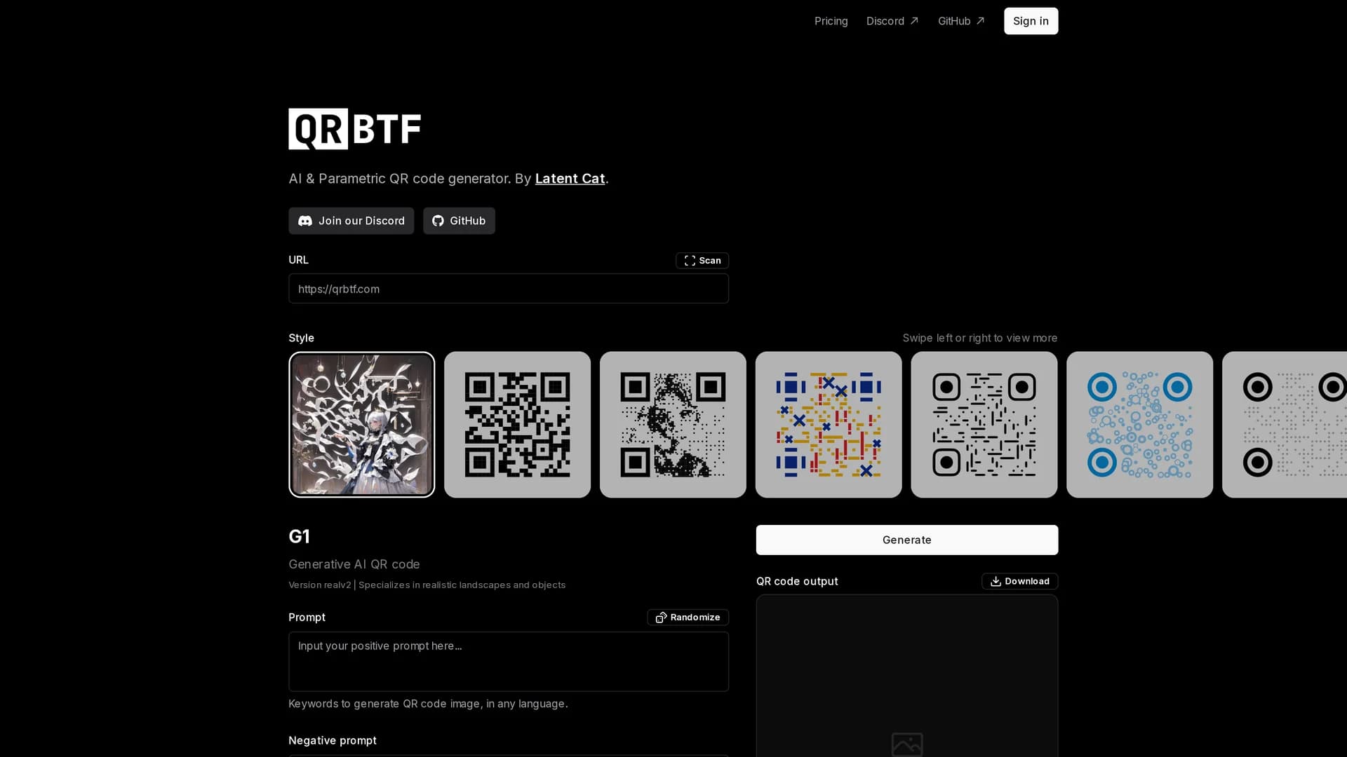 qrbtf-ai-qr-code-generator homepage