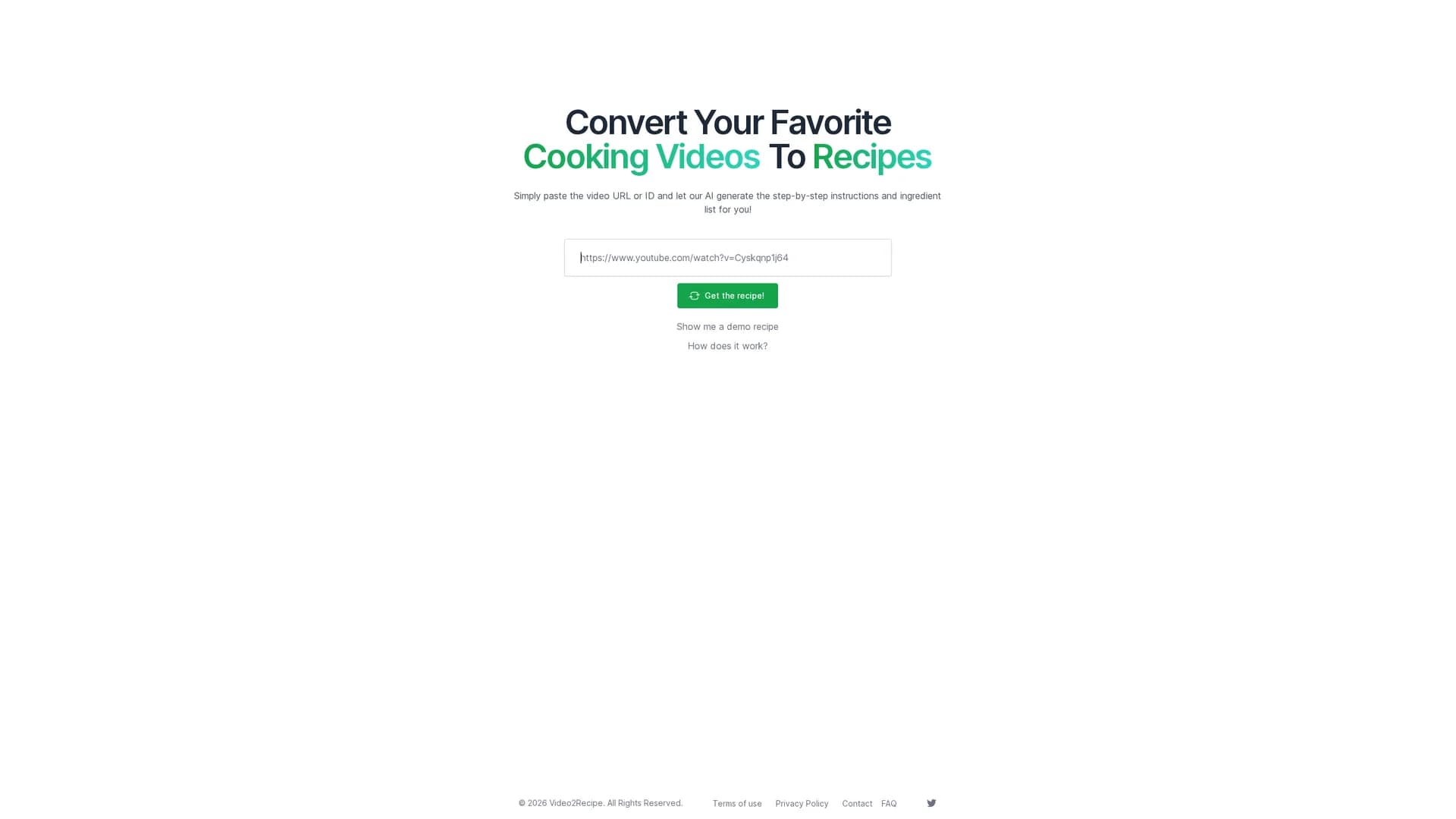 video2recipe homepage