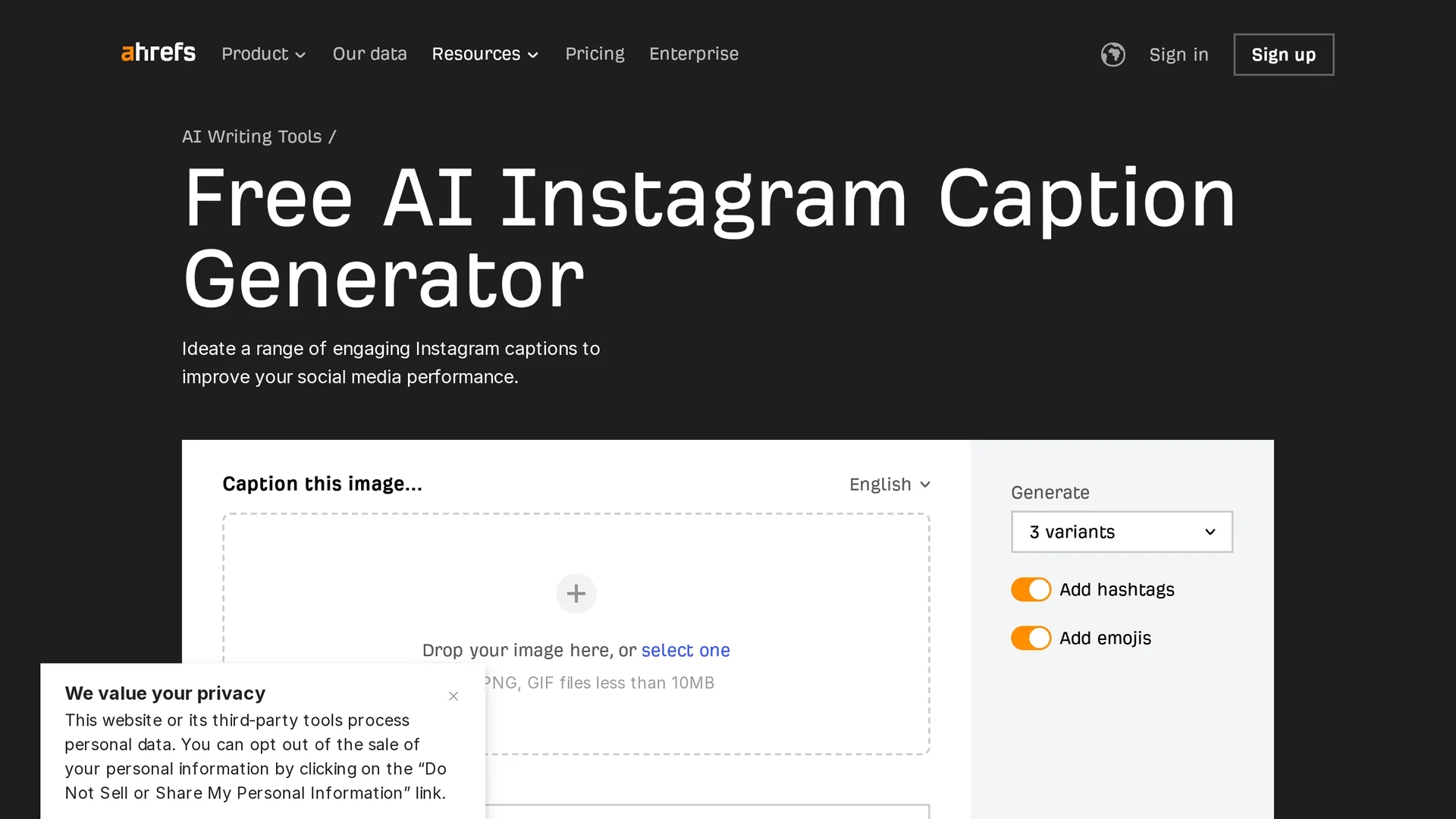 ahrefs-instagram-caption-generator homepage