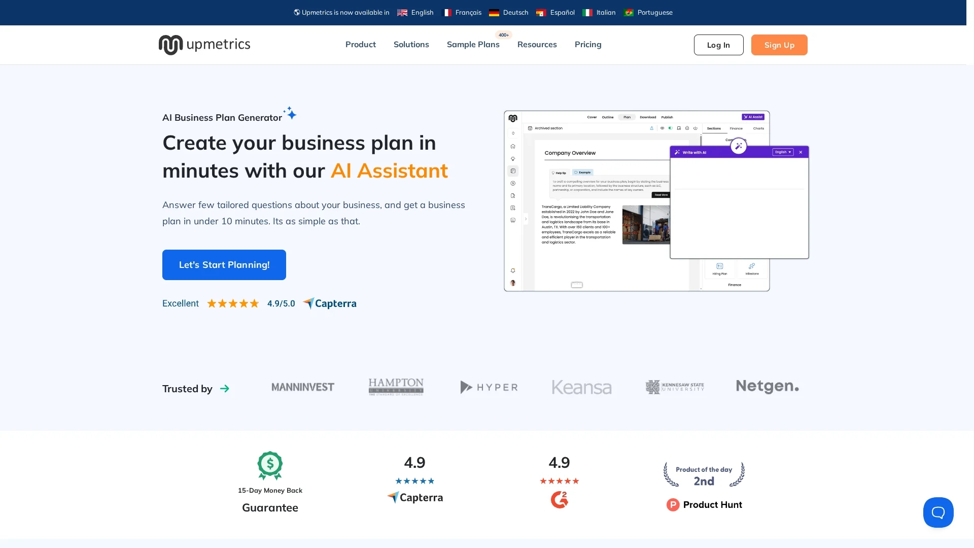 ai-business-plan-generator-upmetrics homepage