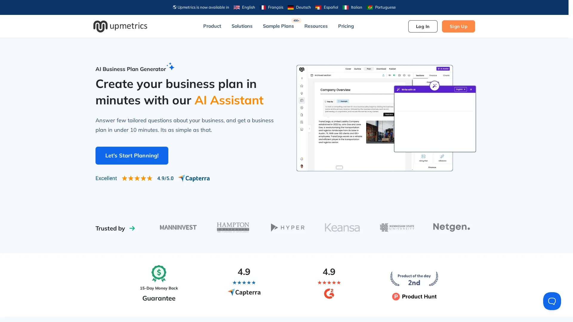 ai-business-plan-generator-upmetrics homepage