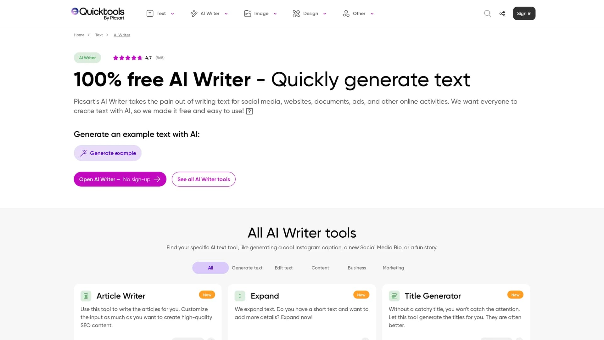 ai-writer-by-picsart homepage