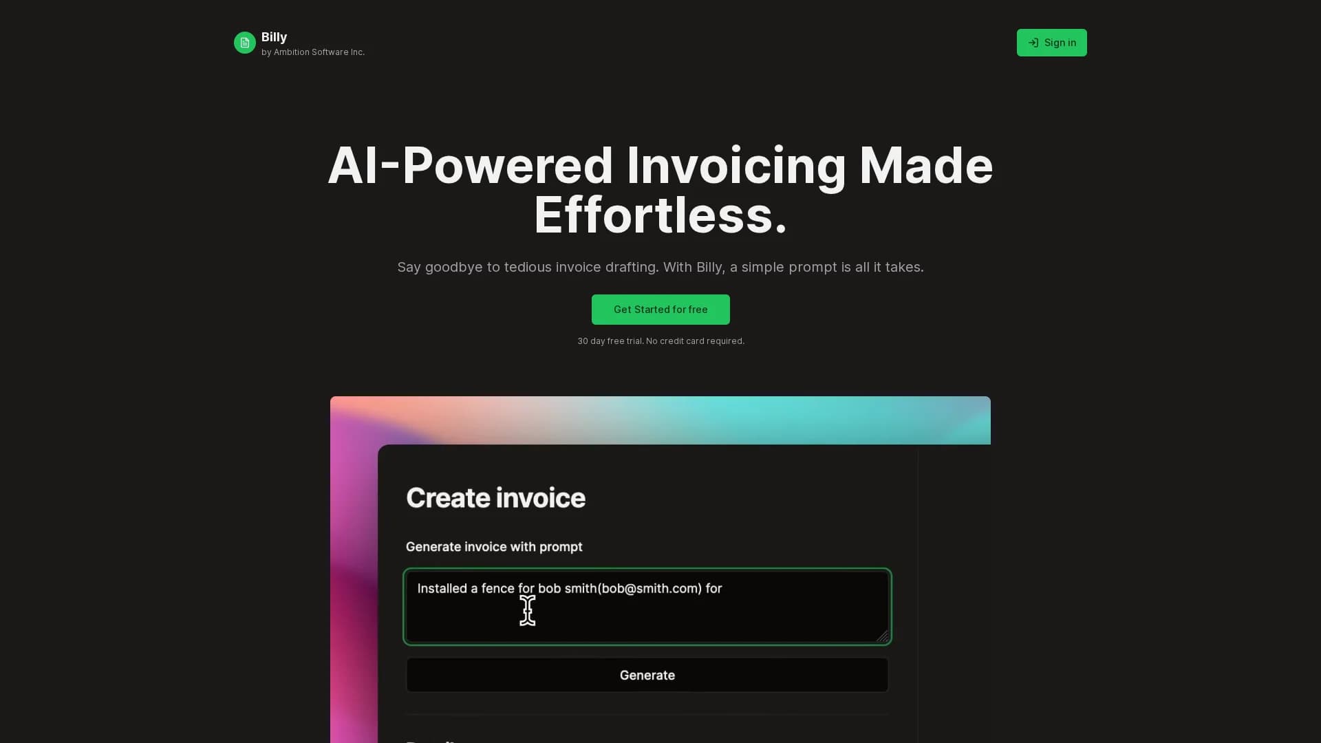 billy-ai-invoicing-made-effortless homepage