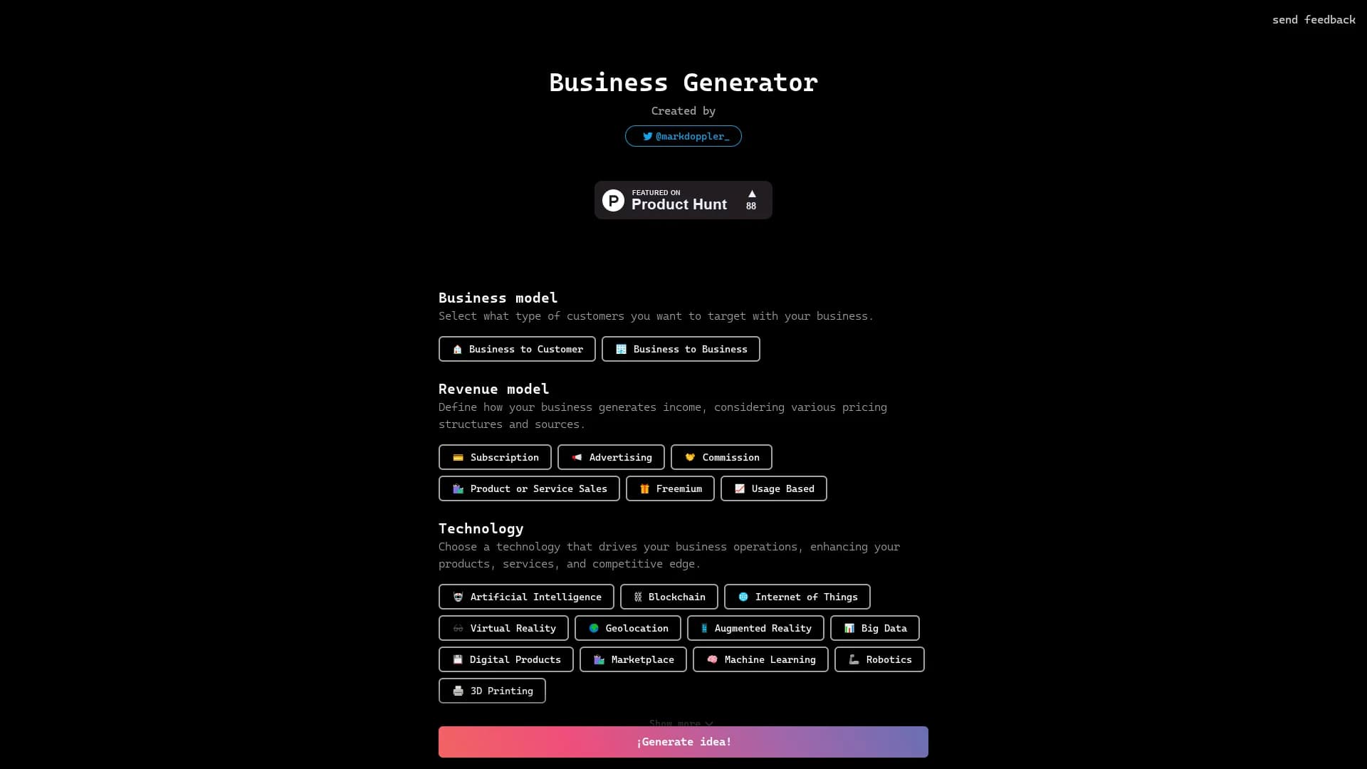 business-idea-generator-ai homepage