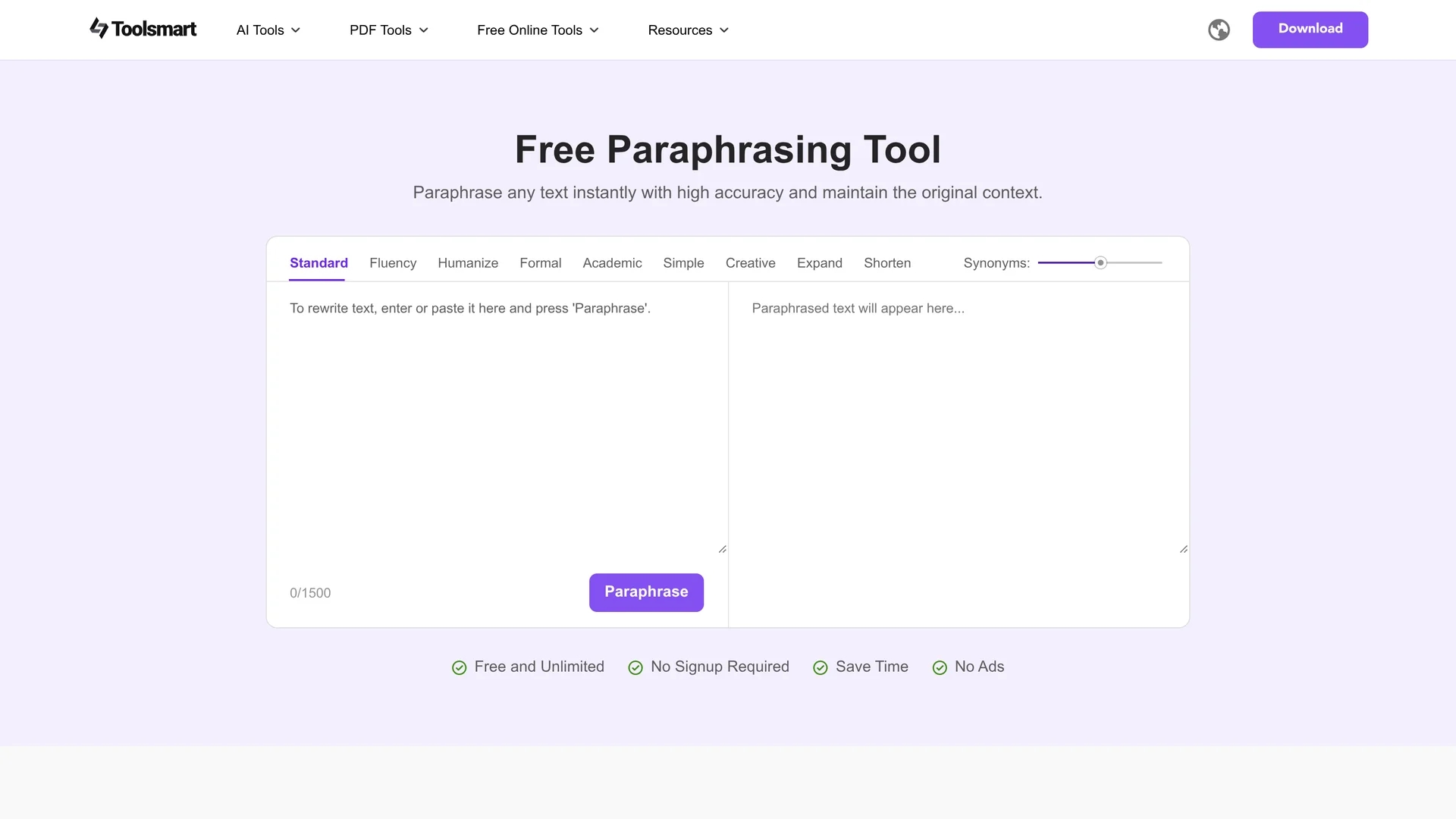 free-paraphrasing-tool-toolsmart homepage