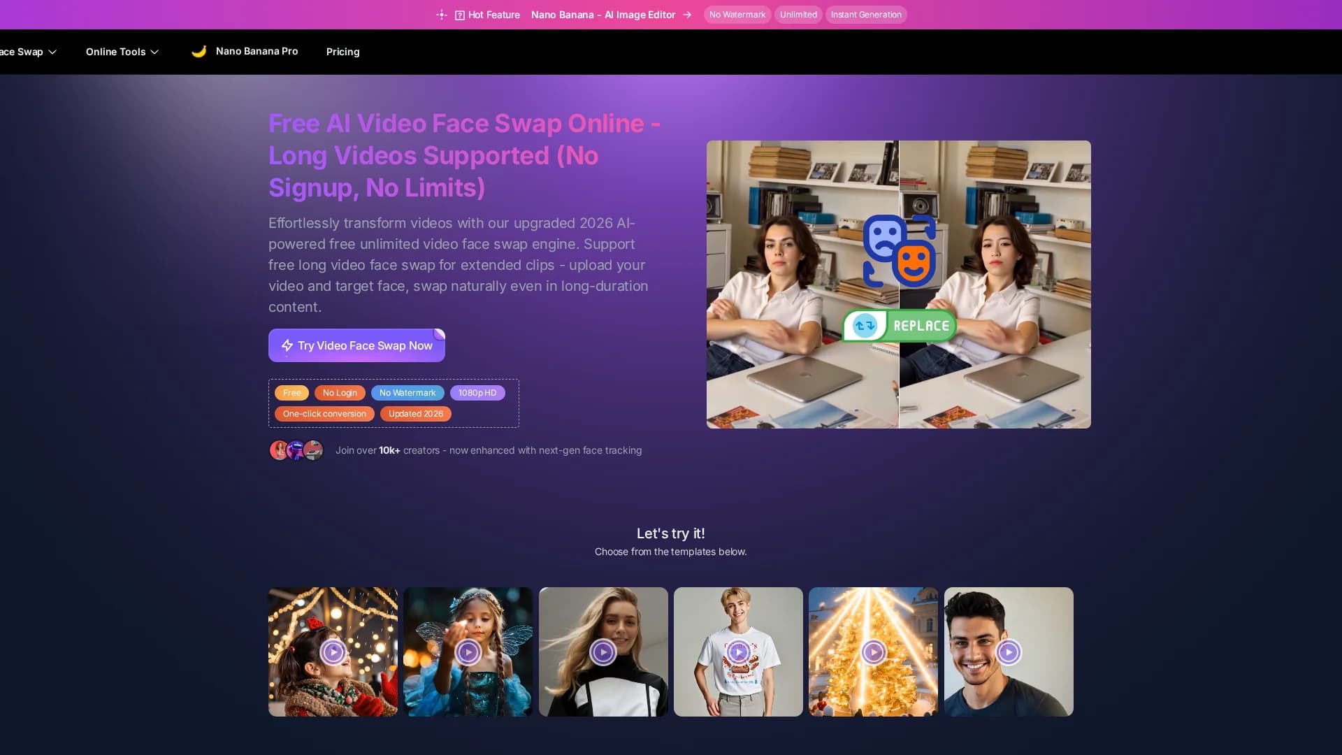 free-unlimited-video-face-swap homepage