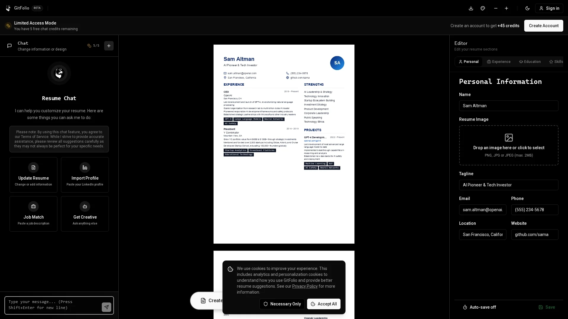 gitfolio homepage