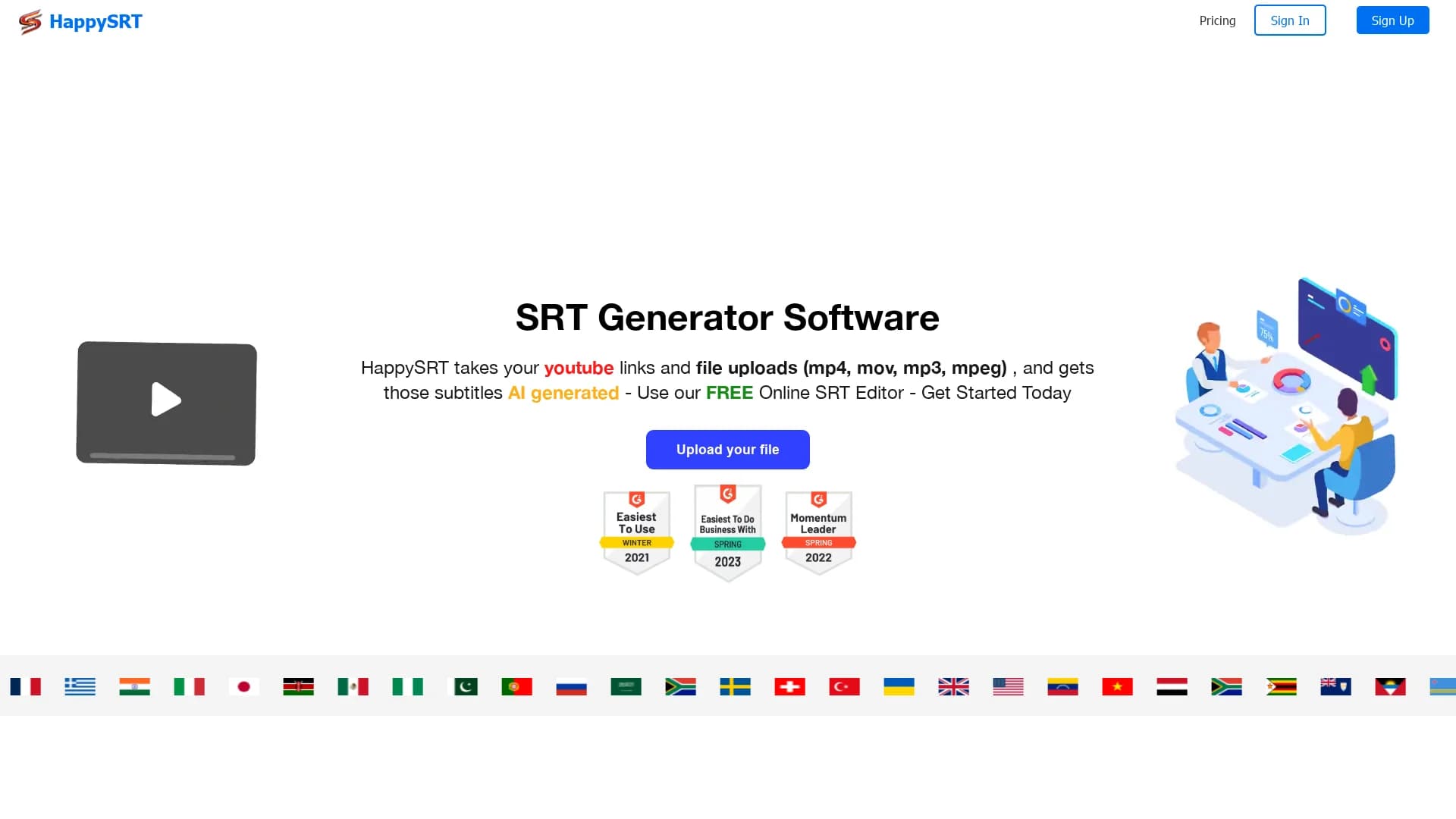 happysrt-ai-generated-srt-editor homepage