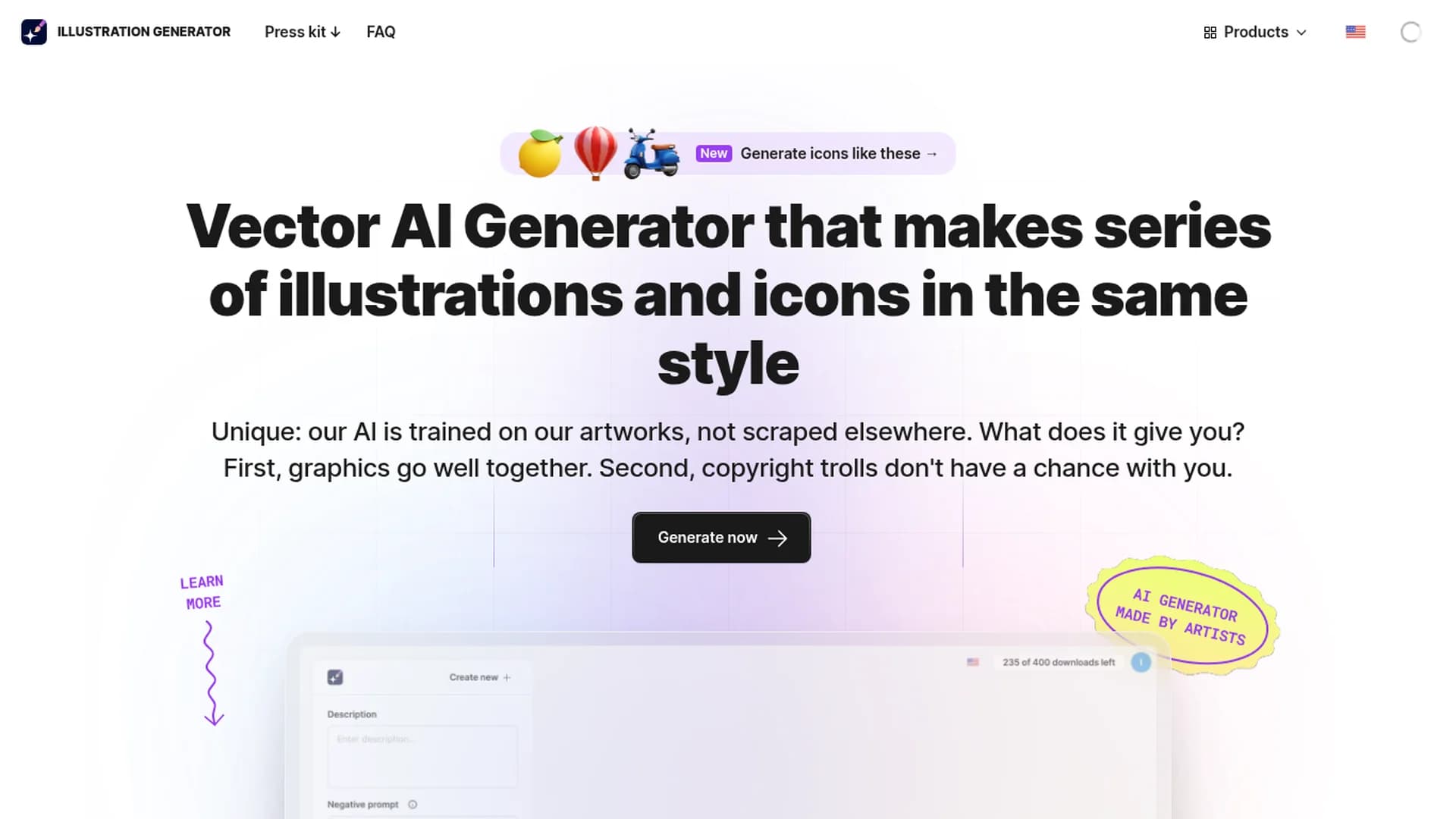 icons8-illustration-generator homepage