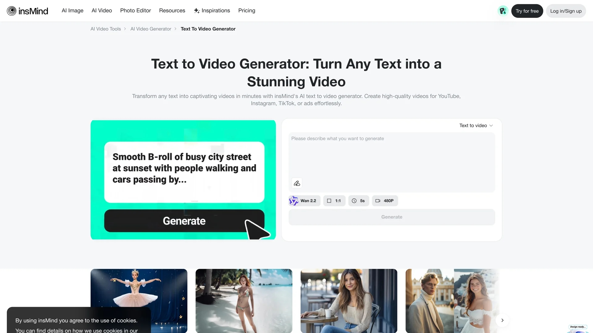 insmind-text-to-video-generator homepage
