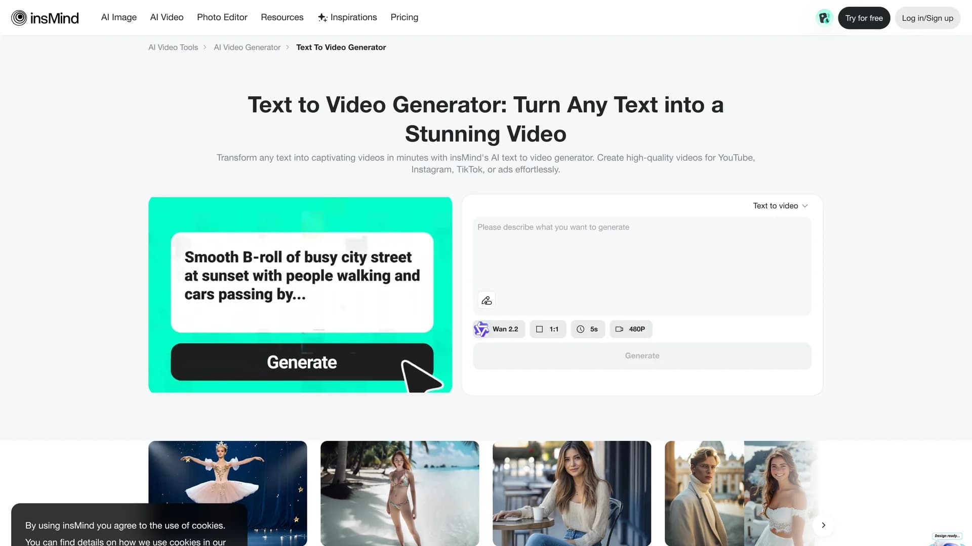 insmind-text-to-video-generator homepage