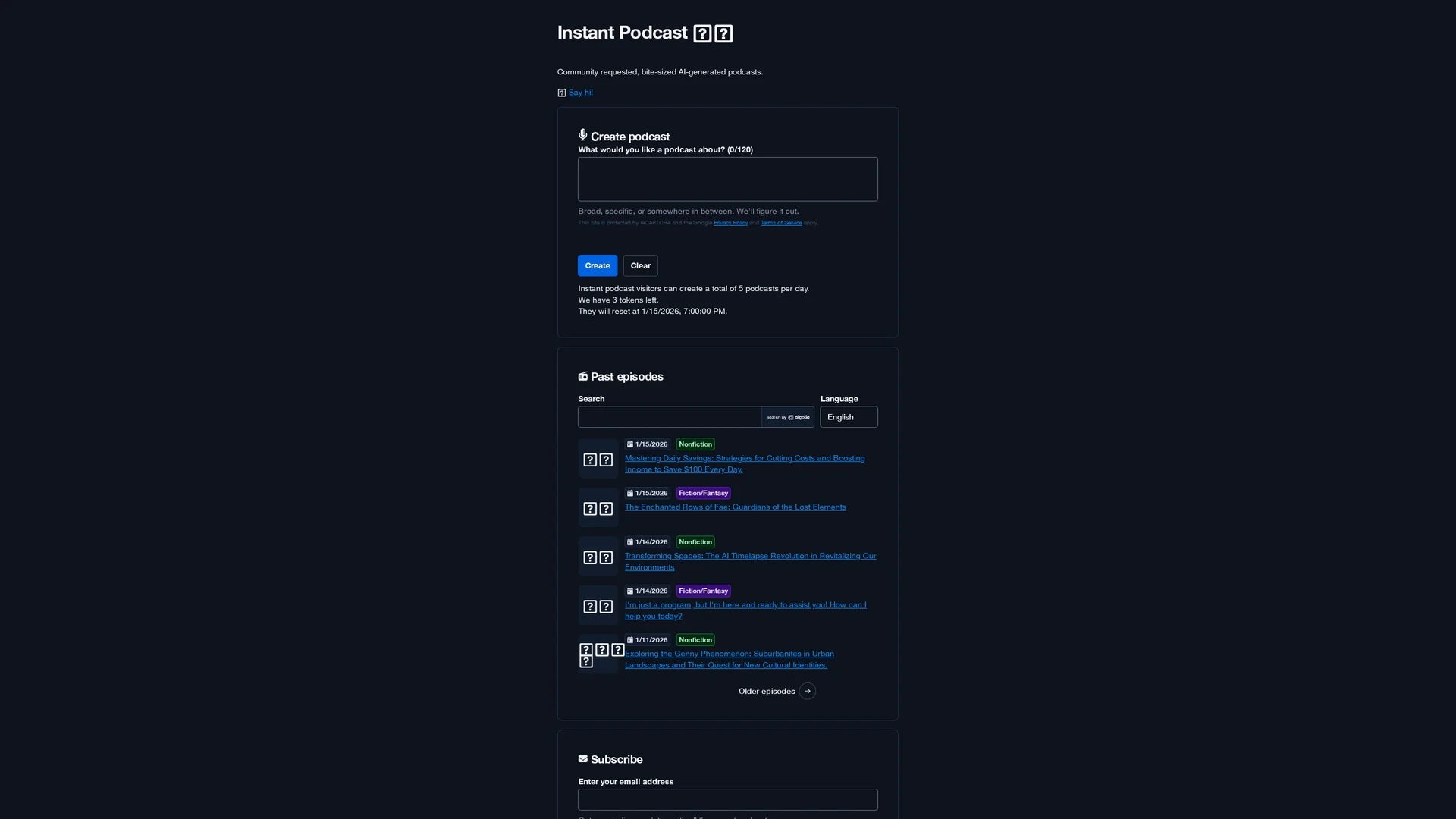 instant-podcast homepage