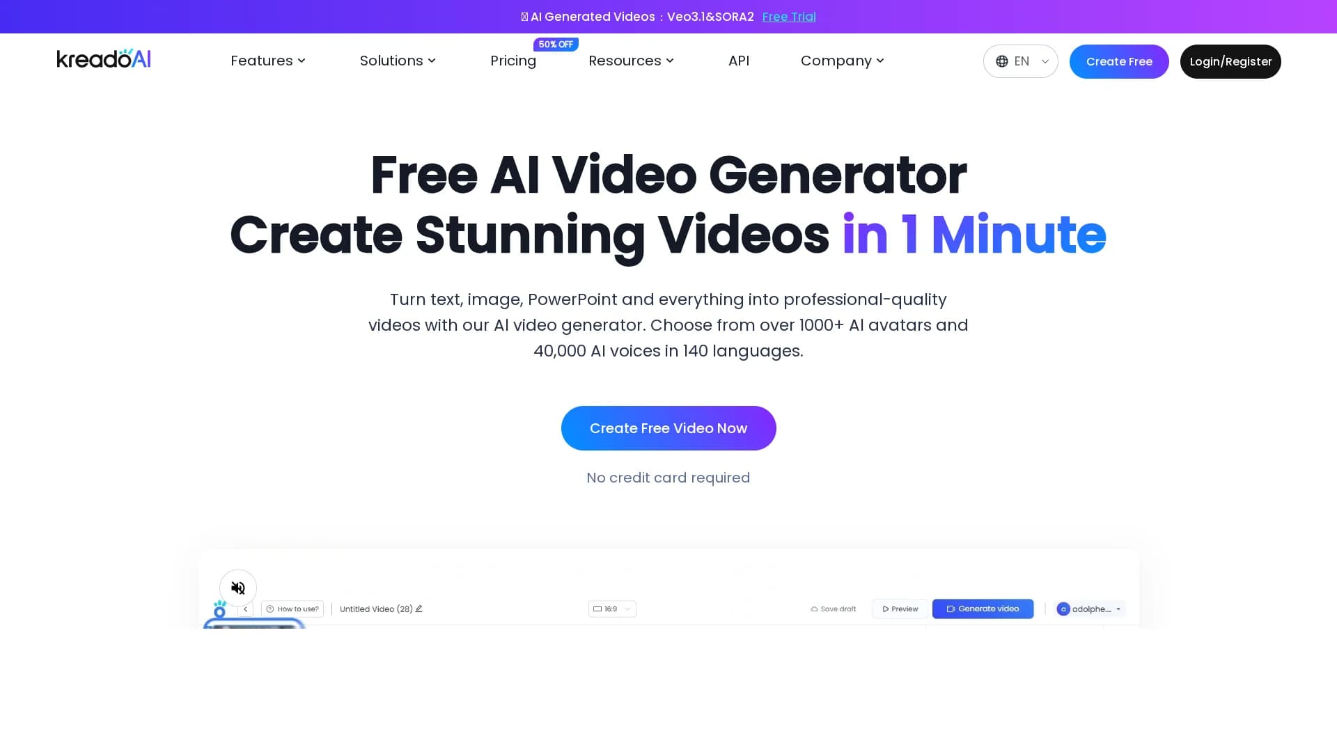 kreado-ai-video-creation-platform homepage